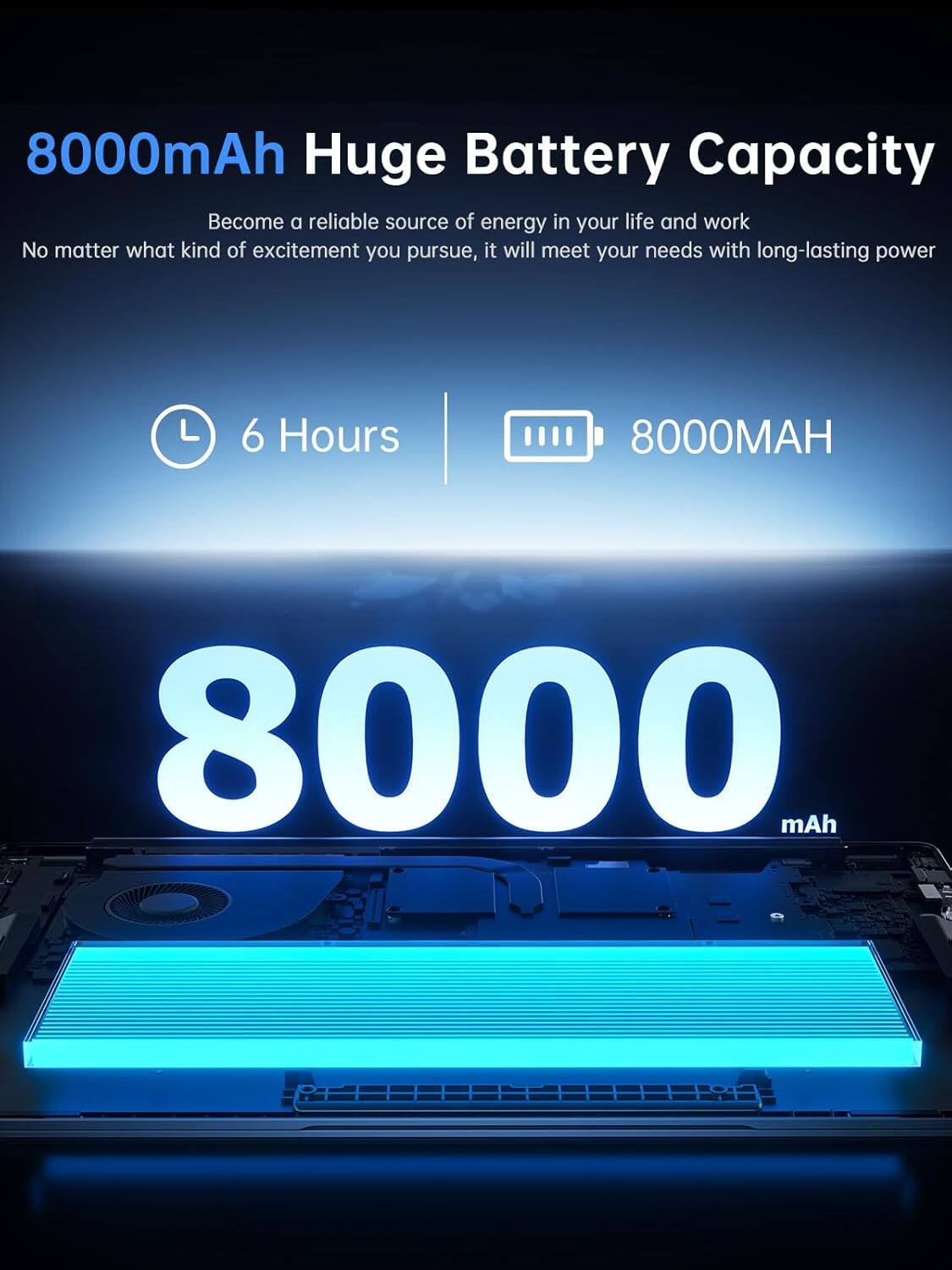 8000mAh Huge Battery Capacity

Become a reliable source of energy in your life and work. No matter what kind of excitement you pursue, it will meet your needs with long-lasting power.

6 Hours

8000mAh