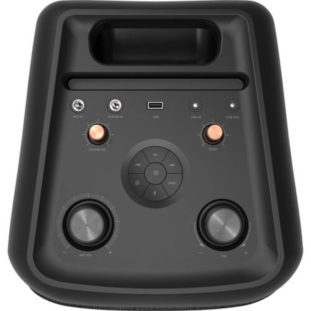 Sure, here is the corrected and grouped text from the image:

- MIC IN
- GUITAR IN
- USB
- LINE IN
- LINE OUT
- REVERB
- GUITAR VOL
- BASS
- VOLUME
- MIC VOL