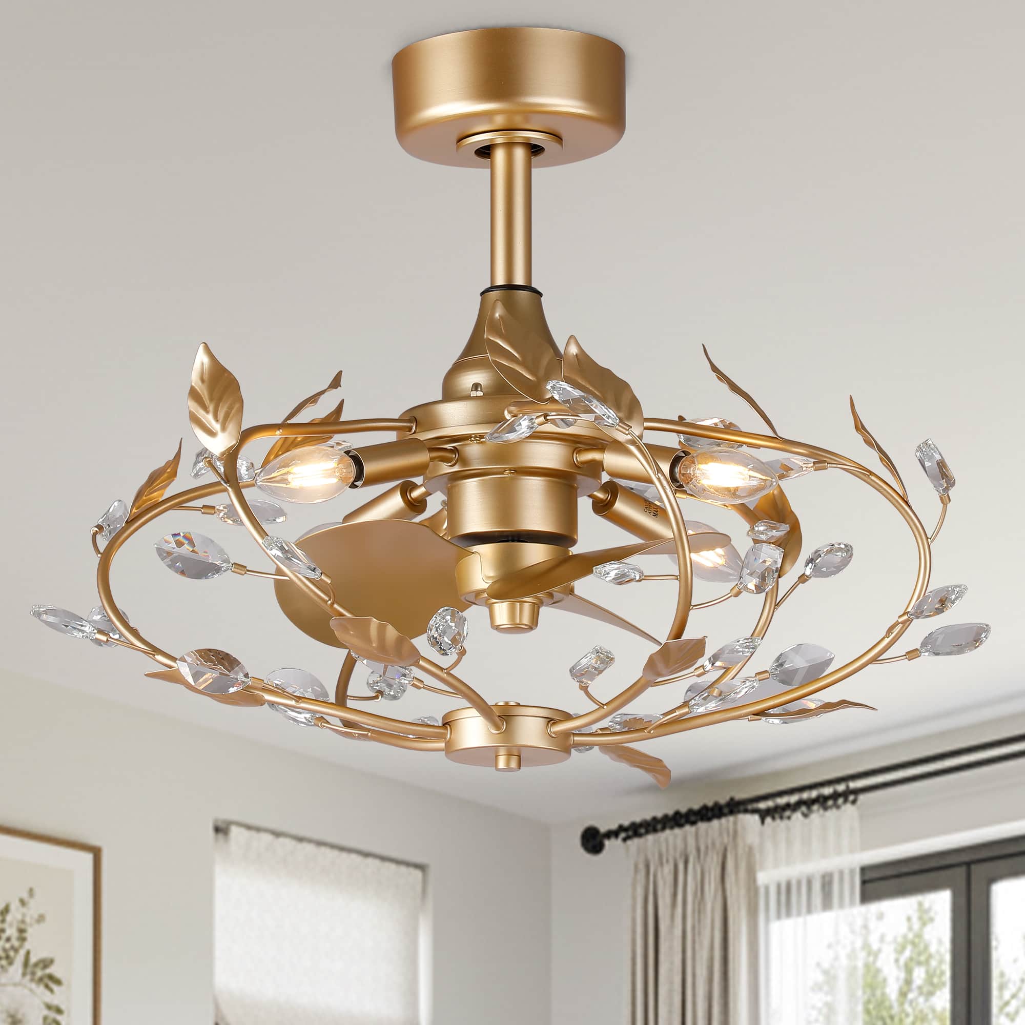 Parrot Uncle - 24" French Elegant Crystal Leaf Fandelier Ceiling Fan with Remote - Gold
