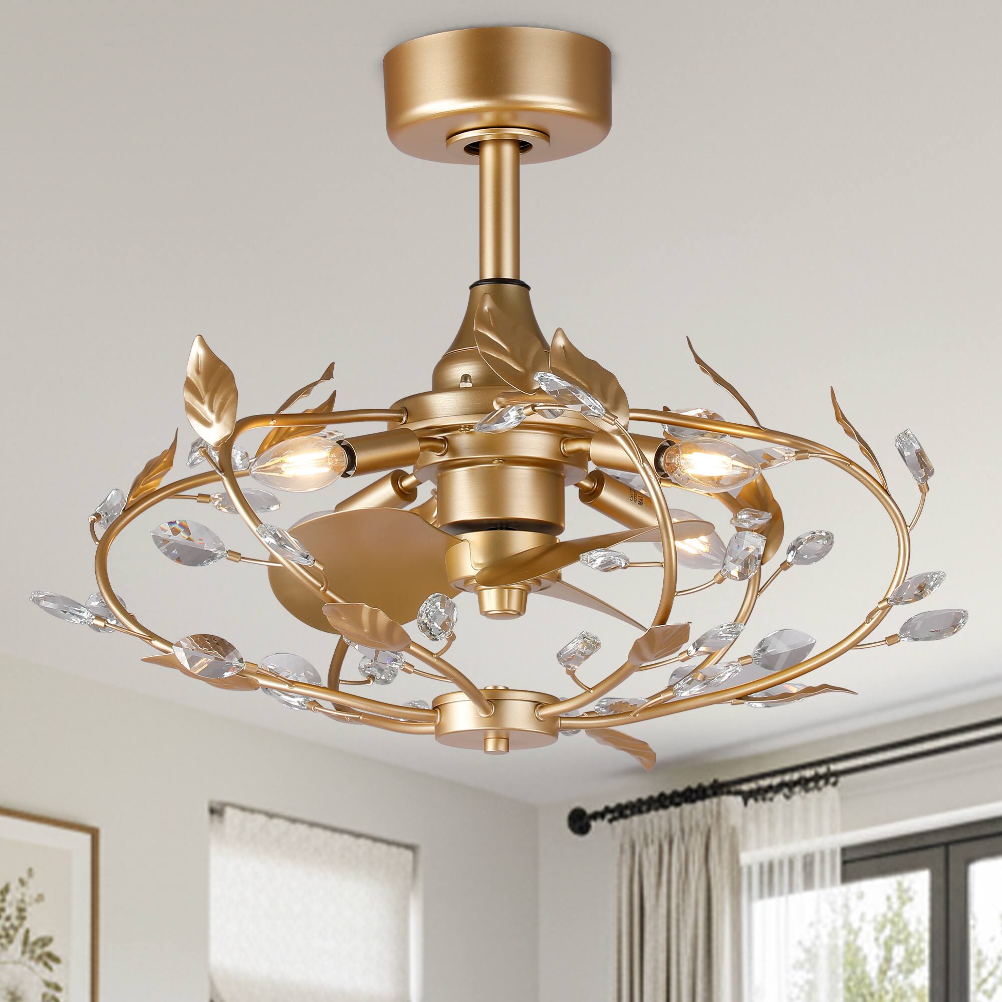 Front. Parrot Uncle - 24" French Elegant Gold Crystal Leaf Fandelier Ceiling Fan with Remote - Gold.