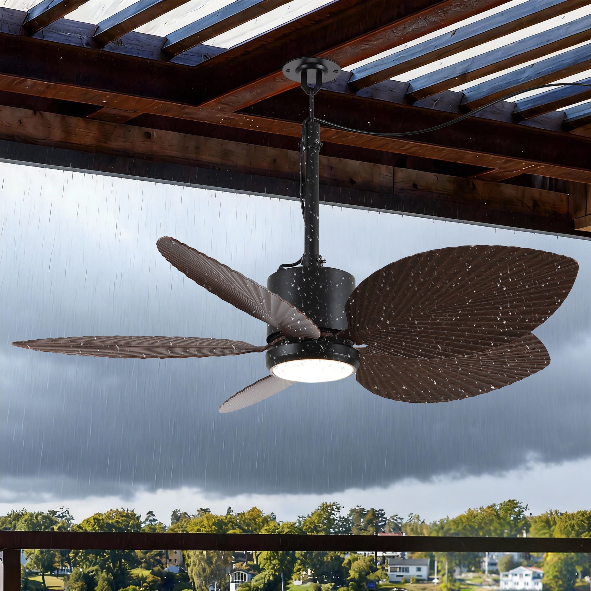 Parrot Uncle - 42" Tropical Palm Leaf Waterproof Outdoor Gazebo Ceiling Fan with Light, Hook Downrod - Black