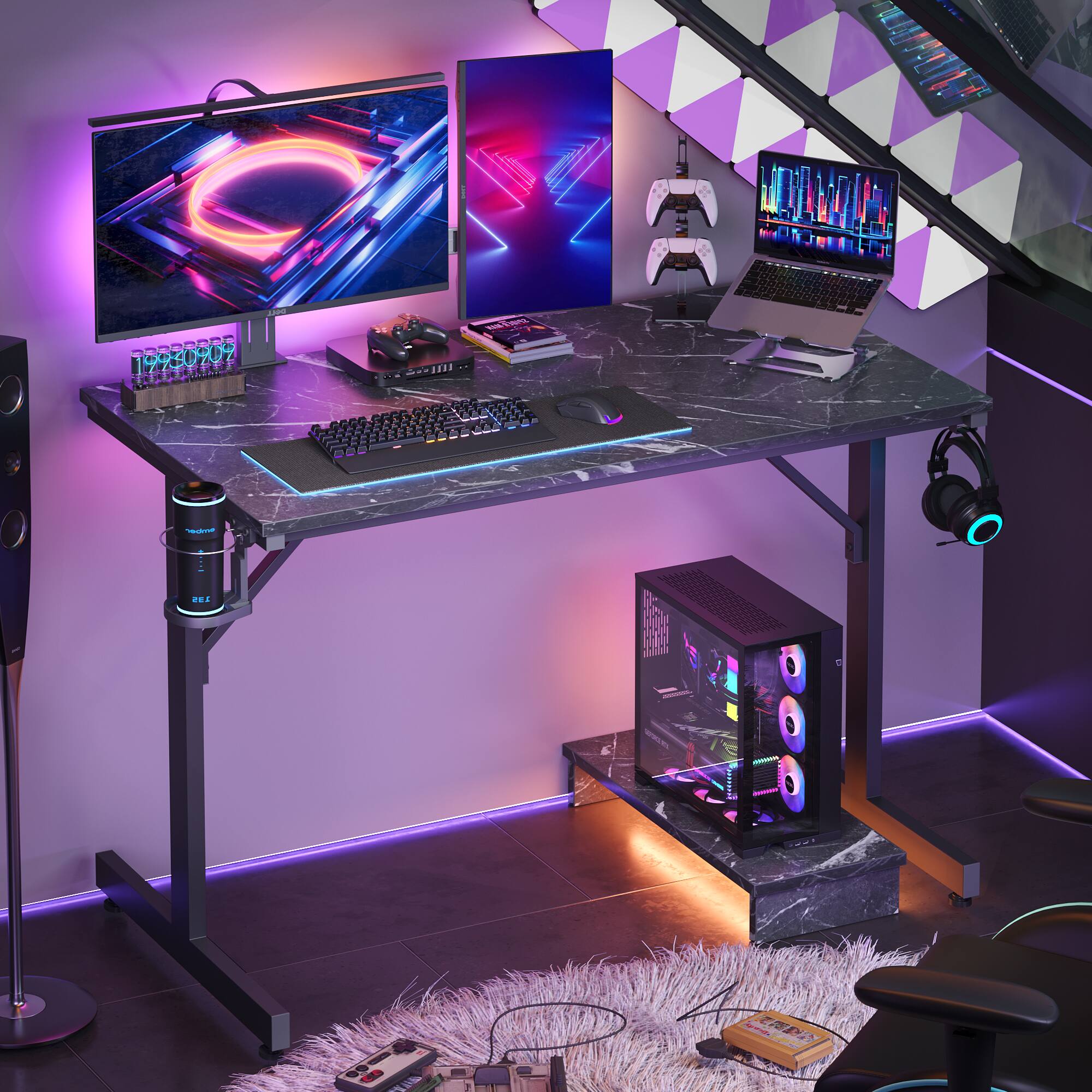 Alt View 1. Bestier - 42-inch Gaming Desk with RGB LED Lights, Monitor Shelf, Foldable Cup Holder & Dual Headphone Hooks - Black Marble.