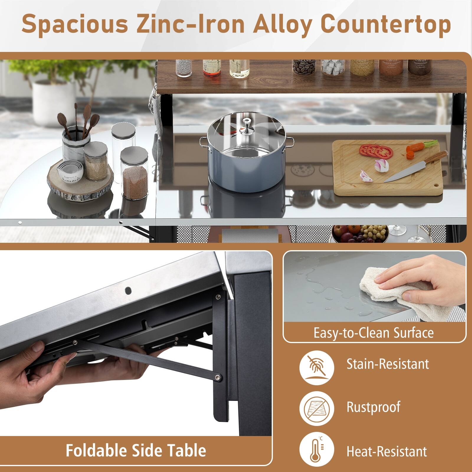 Spacious Zinc-Iron Alloy Countertop

Easy-to-Clean Surface
Stain-Resistant
Rustproof
Heat-Resistant

Foldable Side Table