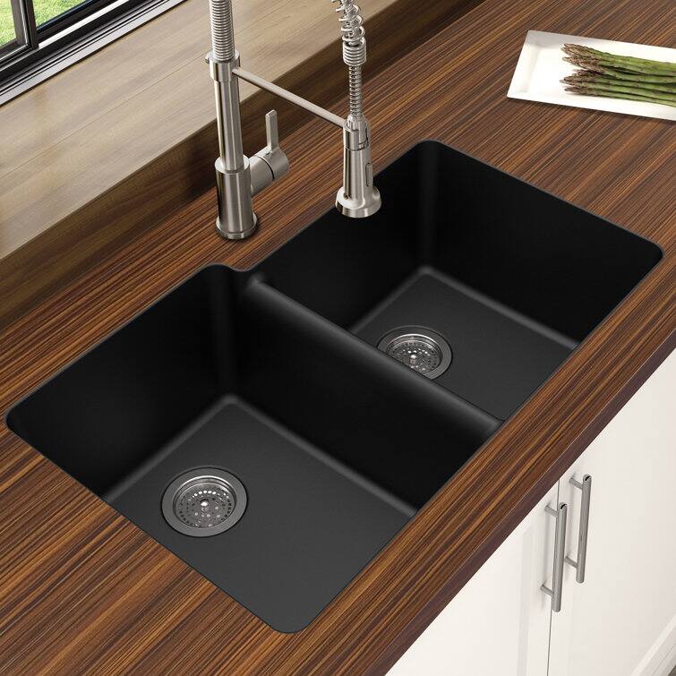 Angle. Winpro - Winpro Undermount Granite Composite 33 in. L 40/60 Offset Double Bowl Kitchen Sink in Black - Black.