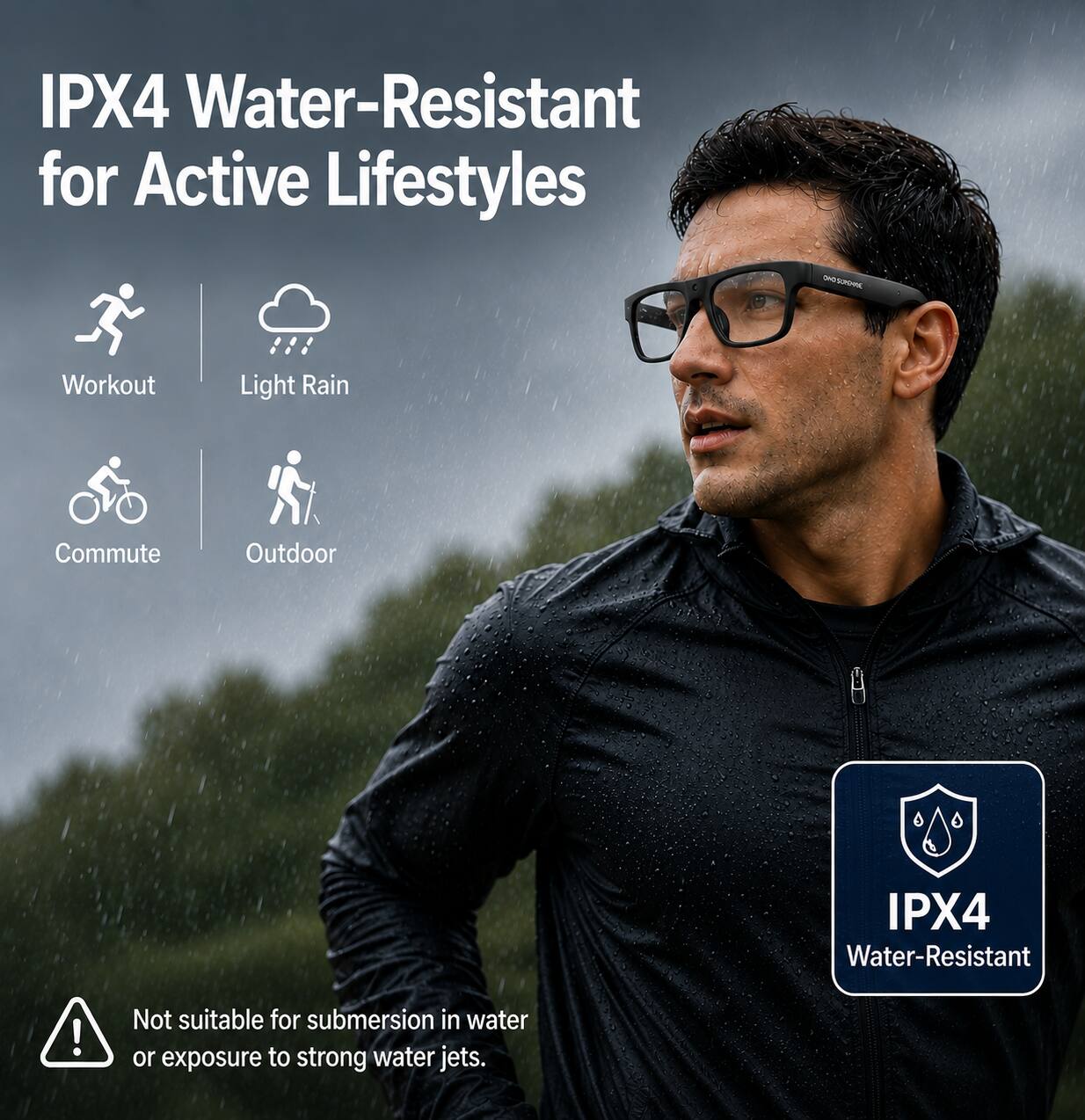 IPX4 Water-Resistant for Active Lifestyles

- Workout
- Light Rain
- Commute
- Outdoor

IPX4 Water-Resistant

Not suitable for submersion in water or exposure to strong water jets.