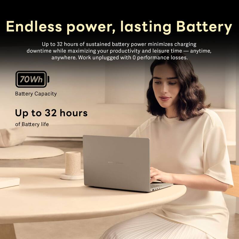 Endless power, lasting Battery

Up to 32 hours of sustained battery power minimizes charging downtime while maximizing your productivity and leisure time — anytime, anywhere. Work unplugged with 0 performance losses.

70Wh Battery Capacity

Up to 32 hours of Battery life