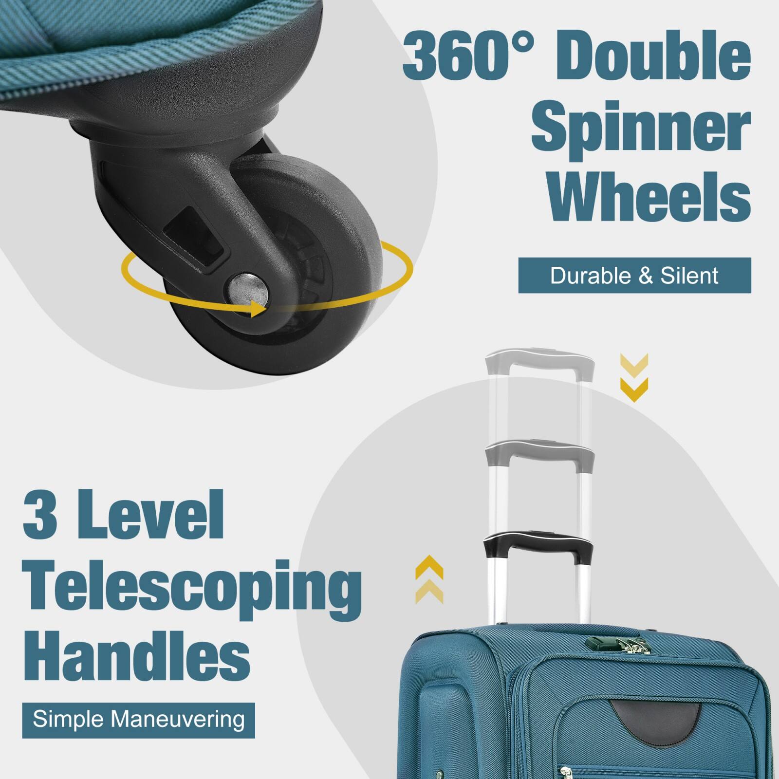 360° Double Spinner Wheels  
Durable & Silent  

3 Level Telescoping Handles  
Simple Maneuvering