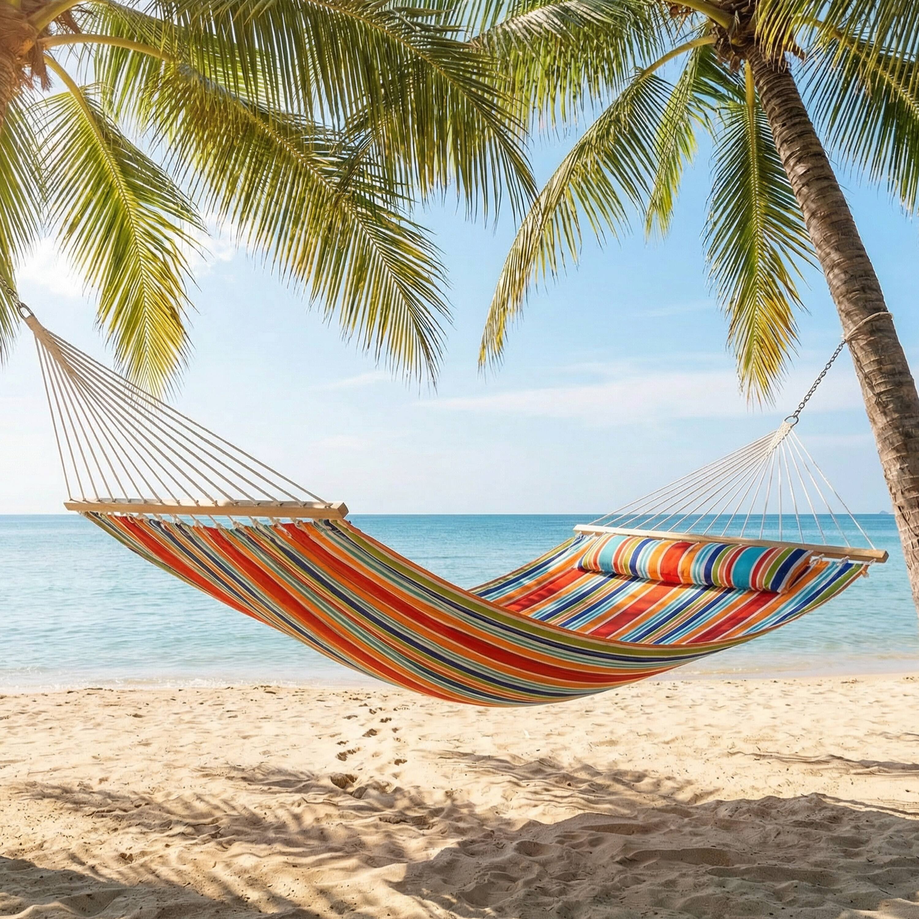 Alt View 8. Sunnydaze - Large Quilted Fabric Hammock with Spreader Bar and Pillow - Caribbean Stripe.