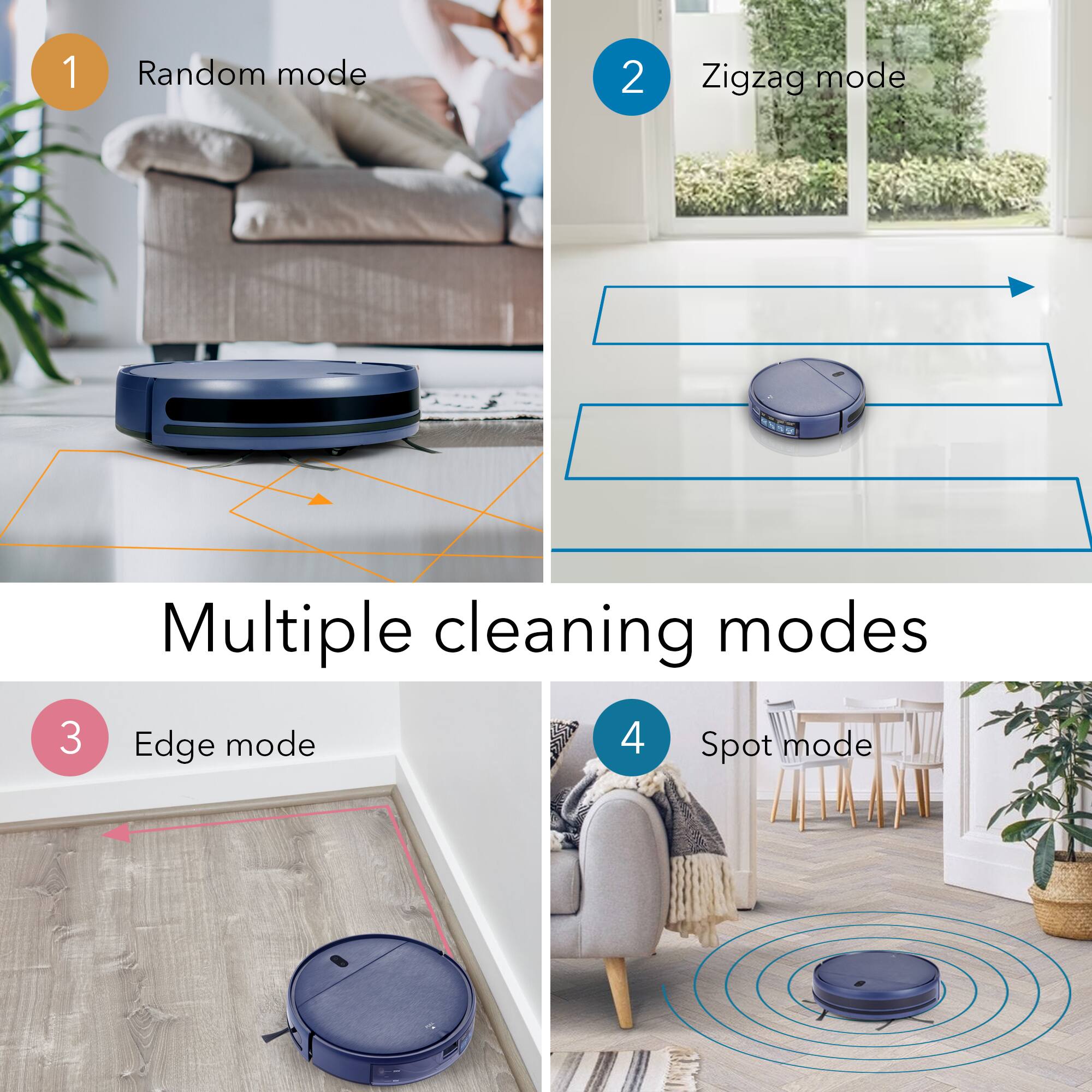 1. Random mode  
2. Zigzag mode  
3. Edge mode  
4. Spot mode  

Multiple cleaning modes