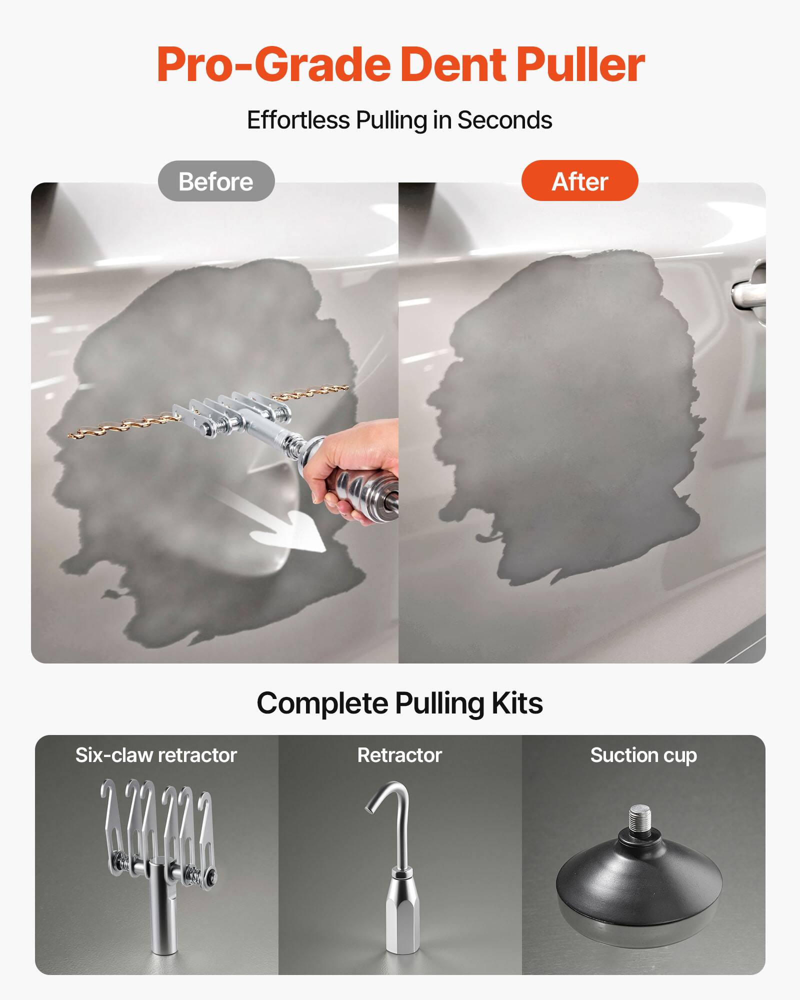 Pro-Grade Dent Puller  
Effortless Pulling in Seconds

Before  
After

Complete Pulling Kits  
Six-claw retractor  
Retractor  
Suction cup