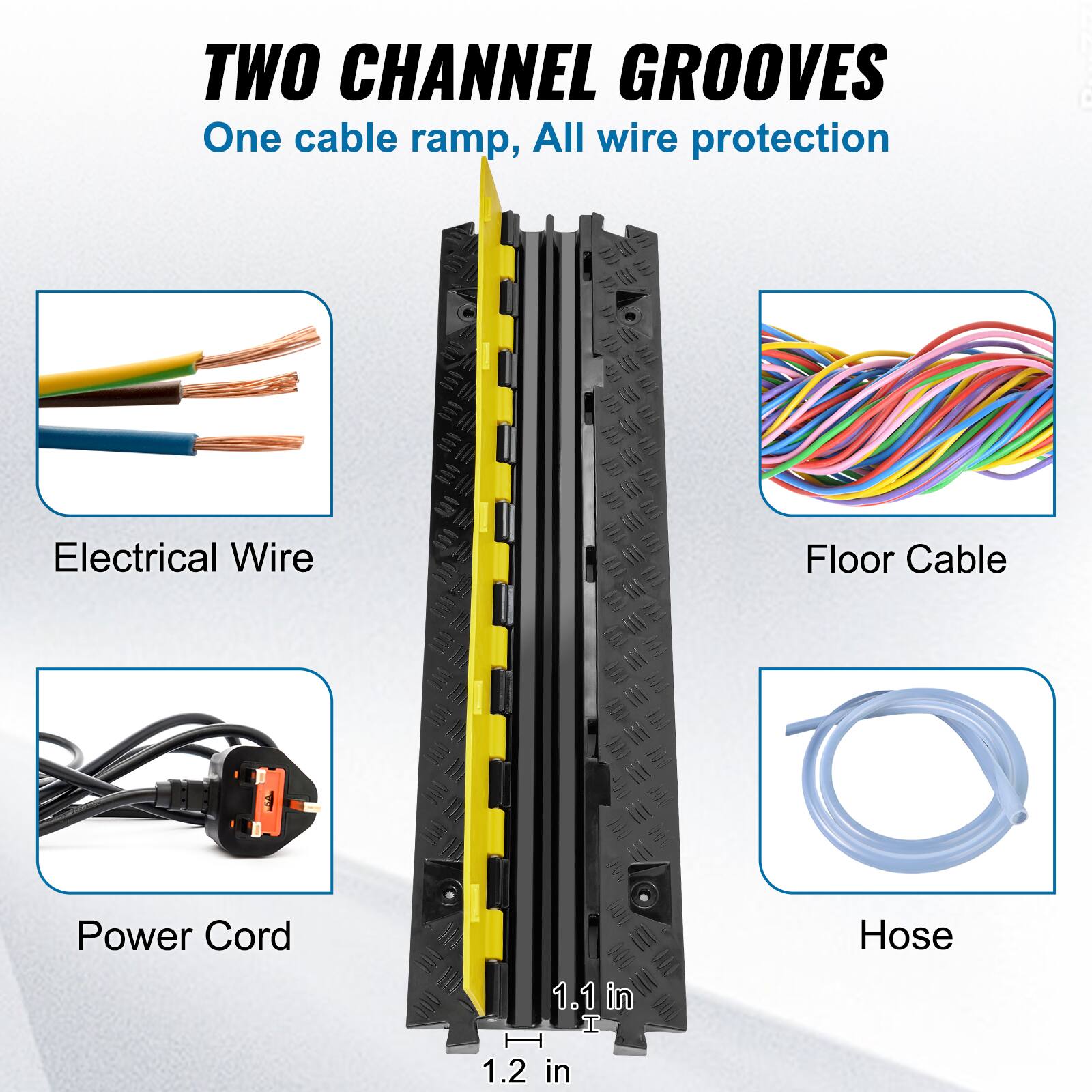 TWO CHANNEL GROOVES One cable ramp, All wire protection

Electrical Wire
Floor Cable
Power Cord
Hose

1.1 in
1.2 in