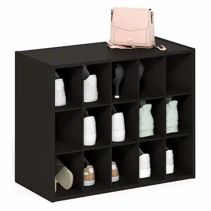 Front. Furinno - FANO Stackable Shoe Storage, Shoe Rack, 15-Cube Shoe Organizer, for Closet Entryway, Office, Garage - Black Dark Oak.
