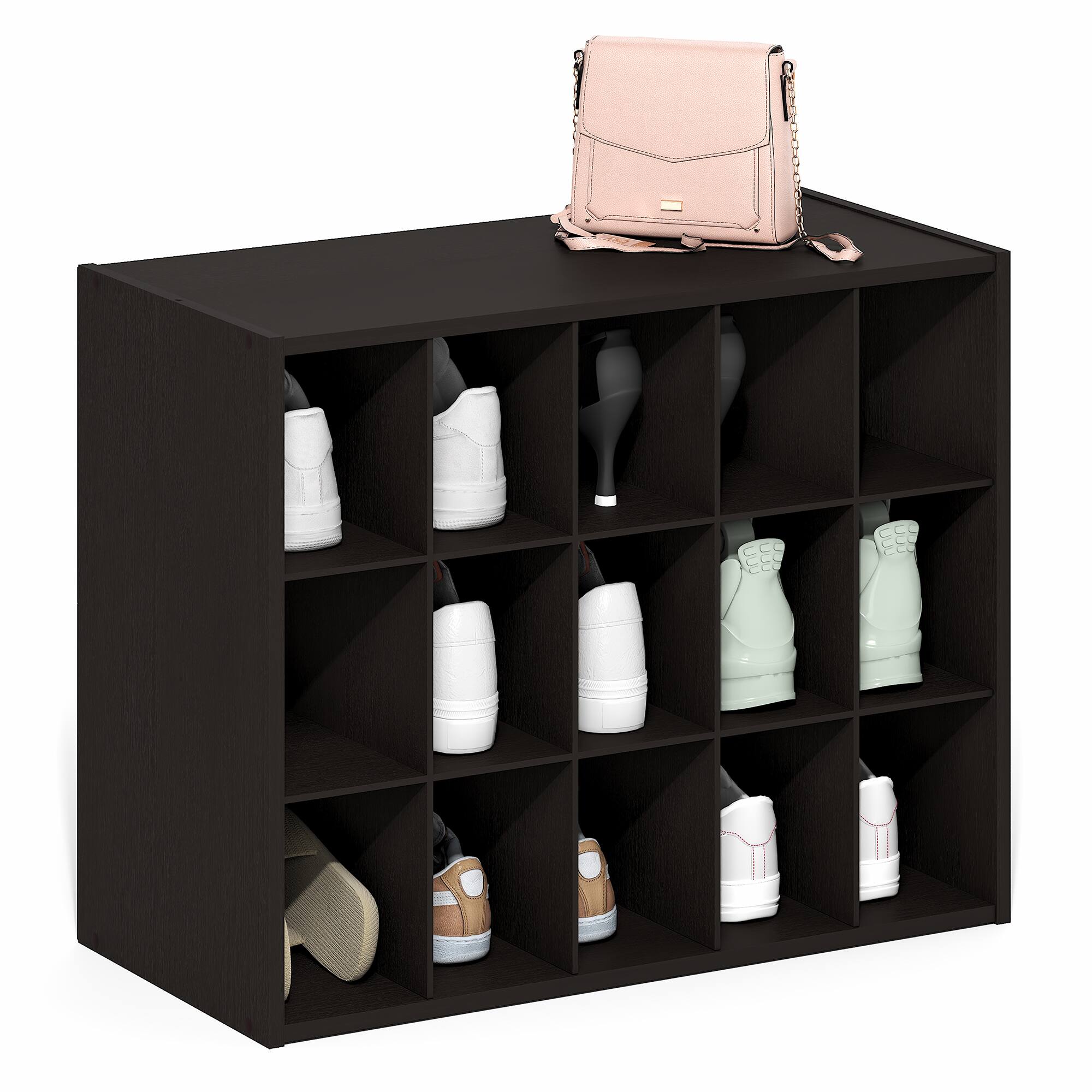 Front. Furinno - FANO Stackable Shoe Storage, Shoe Rack, 15-Cube Shoe Organizer, for Closet Entryway, Office, Garage - Black Dark Oak.