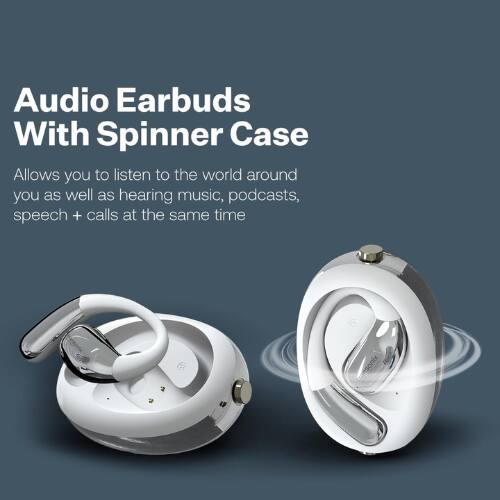 Audio Earbuds With Spinner Case

Allows you to listen to the world around you as well as hearing music, podcasts, speech + calls at the same time