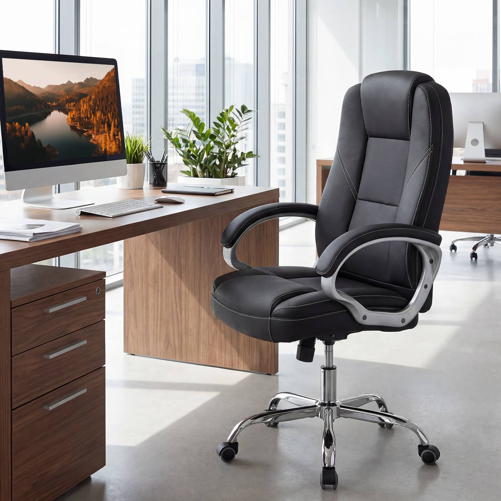 Alt View 3. Costway - Costway Leather Office Chair Ergonomic Executive Chair with Rocking Backrest - Black.