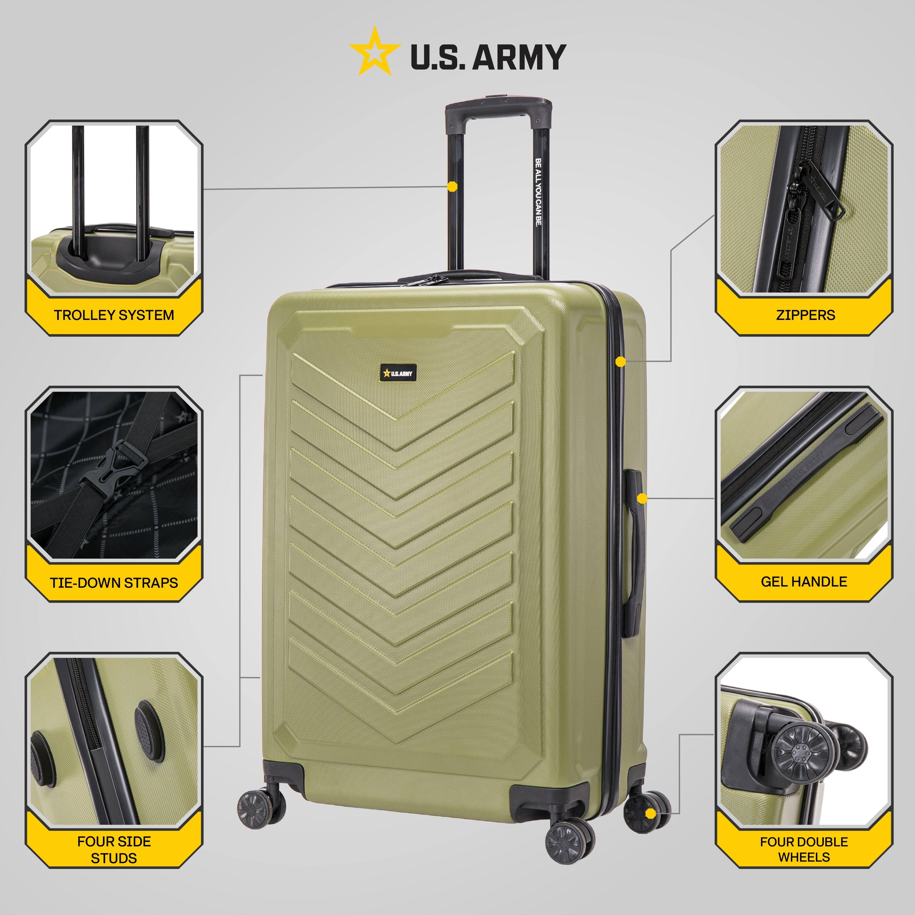U.S. ARMY

- TROLLEY SYSTEM
- ZIPPER
- TIE-DOWN STRAPS
- GEL HANDLE
- FOUR SIDE STUDS
- FOUR DOUBLE WHEELS