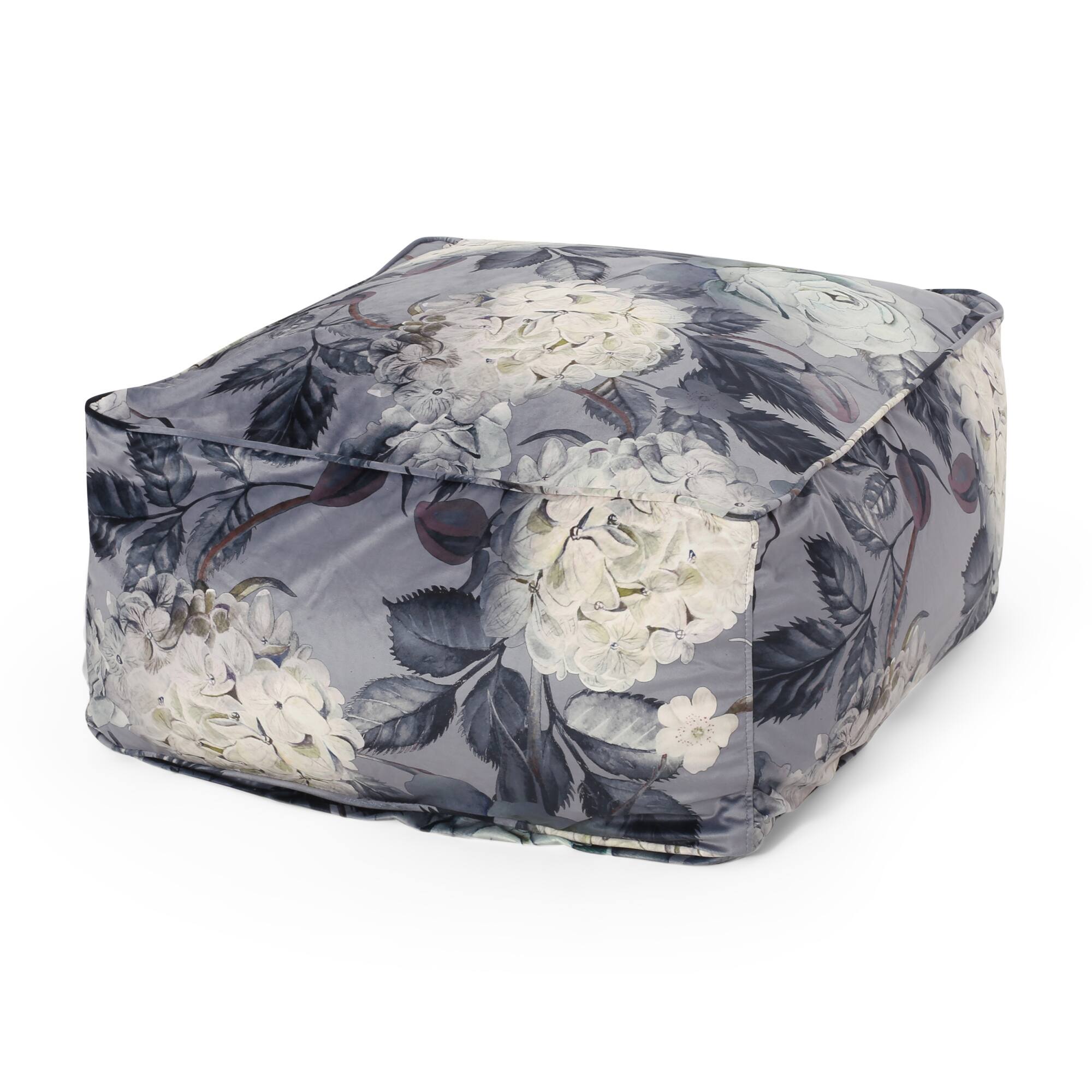 Angle. GOODSILO - Large Square Pouf with Floral Design, Versatile Ottoman or Floor Cushion in Soft Velvet Fabric - Gray+Flower.