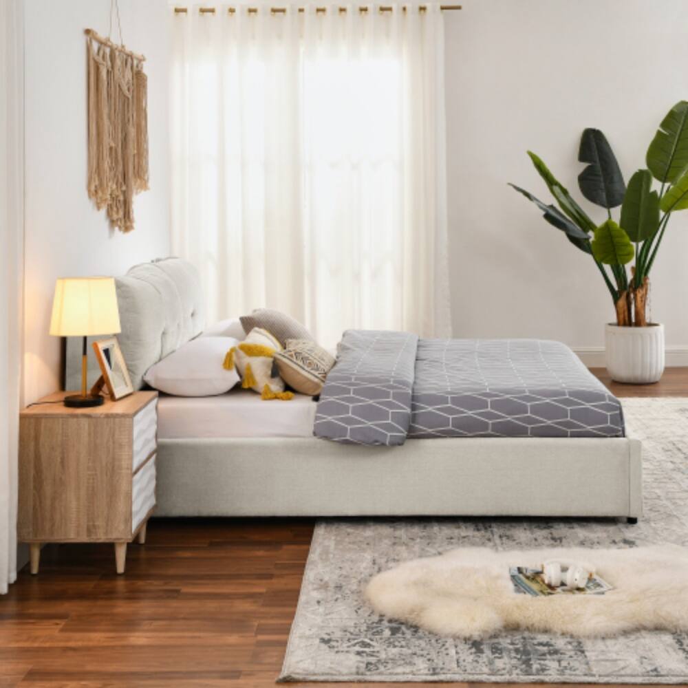 Angle. LUCKY ONE - Queen Size Storage Upholstered Hydraulic Platform Bed with Integrated Headboard, Chenille Fabric, No Box Spring Needed - Beige.