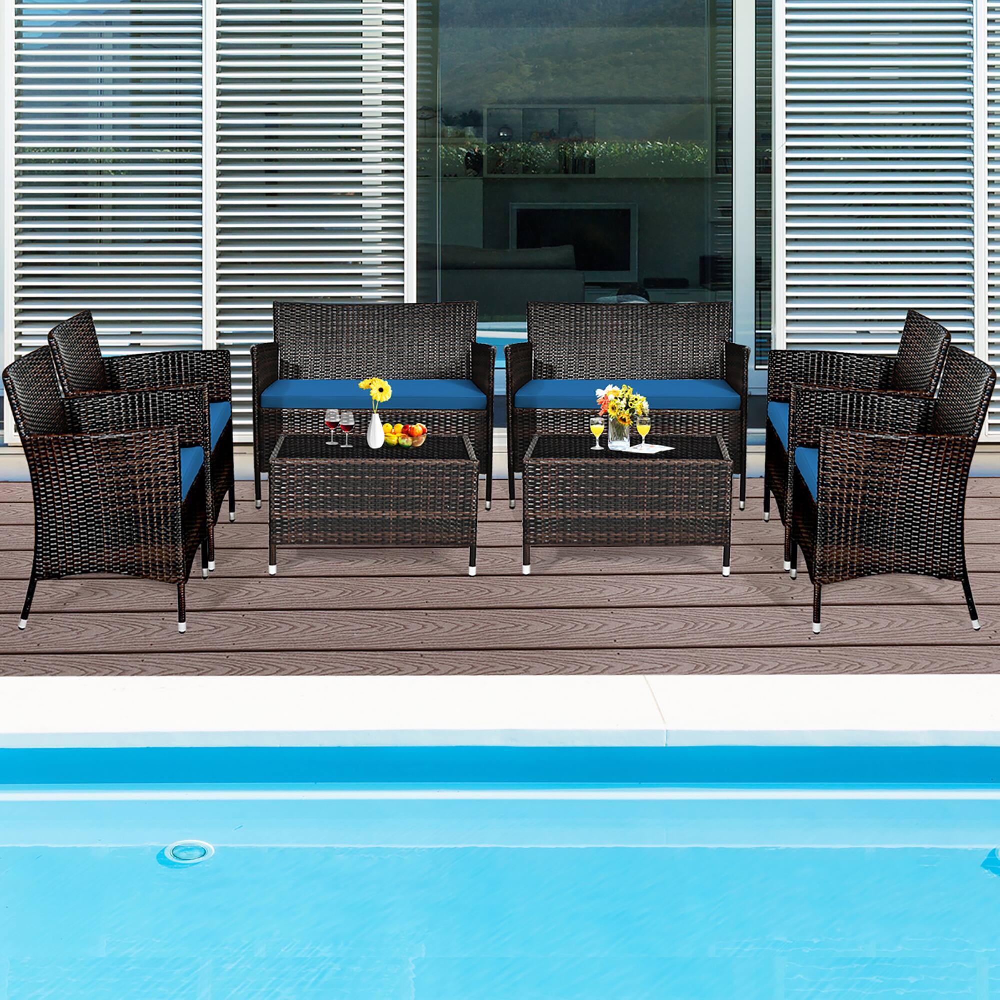 Alt View 3. Gymax - Gymax 8PCS Patio Rattan Conversation Furniture Set Outdoor w/ Peacock Blue Cushion - Peacock Blue.