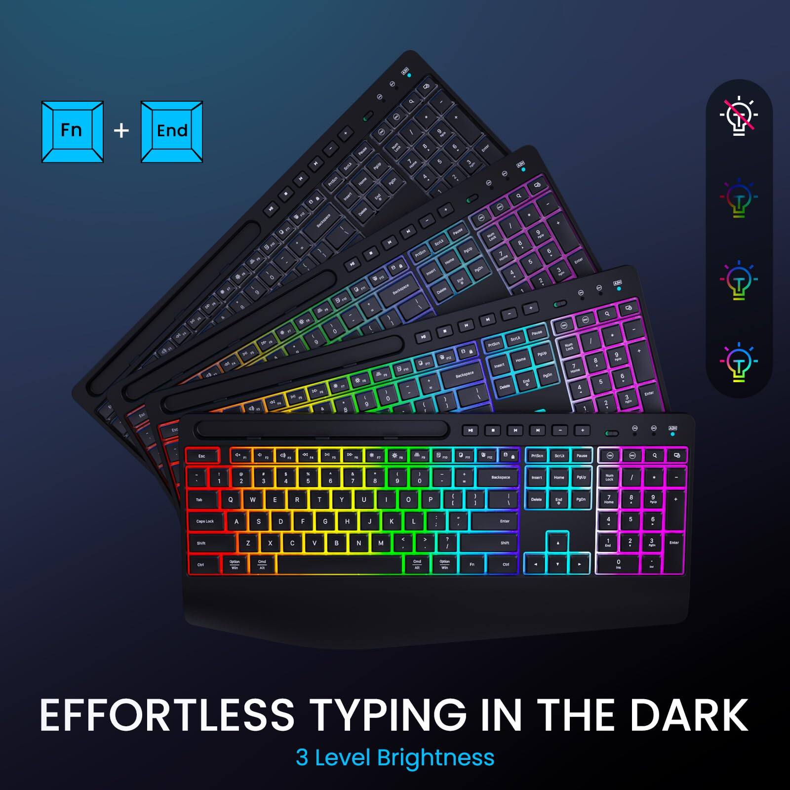 Fn + End

EFFORTLESS TYPING IN THE DARK

3 Level Brightness