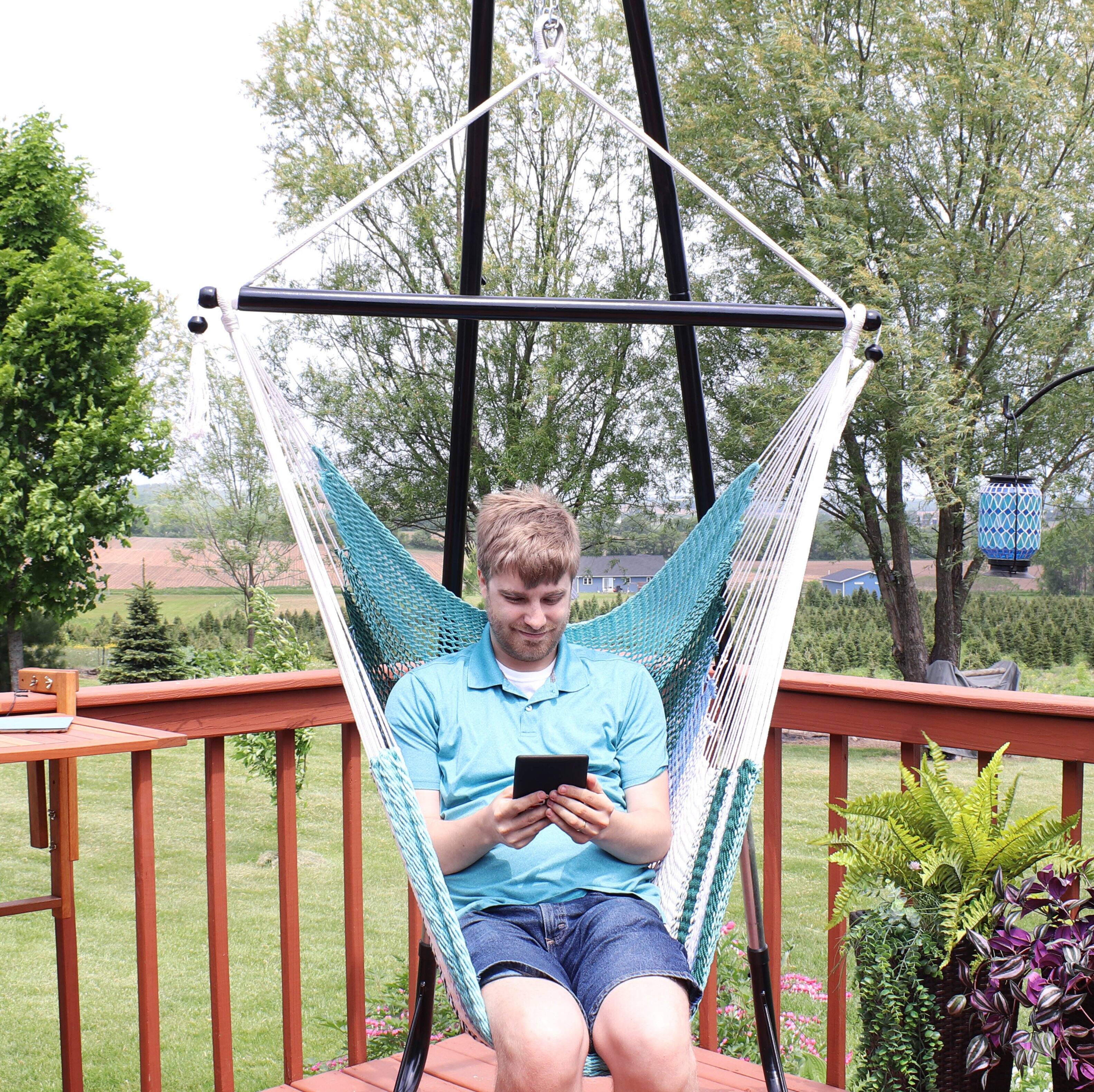 Alt View 4. Sunnydaze - Polyester Rope Hammock Chair with Cushions - Lagoon Stripes.