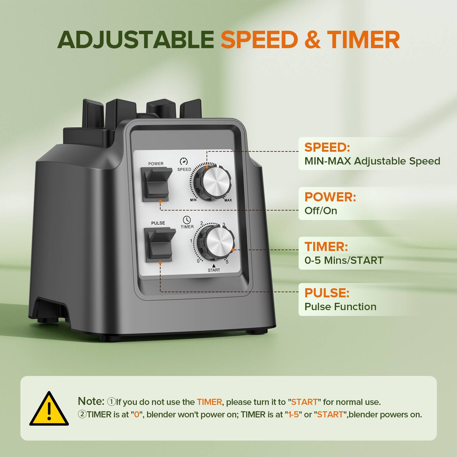 ADJUSTABLE SPEED & TIMER

SPEED:
MIN-MAX Adjustable Speed

POWER:
Off/On

TIMER:
0-5 Mins/START

PULSE:
Pulse Function

Note:
1. If you do not use the TIMER, please turn it to "START" for normal use.
2. TIMER is at "0", blender won't power on; TIMER is at "1-5" or "START", blender powers on.
