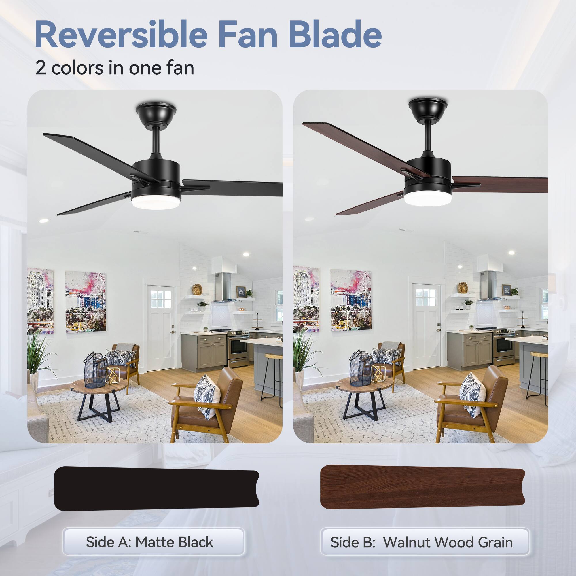 Reversible Fan Blade
2 colors in one fan
Side A: Matte Black
Side B: Walnut Wood Grain
