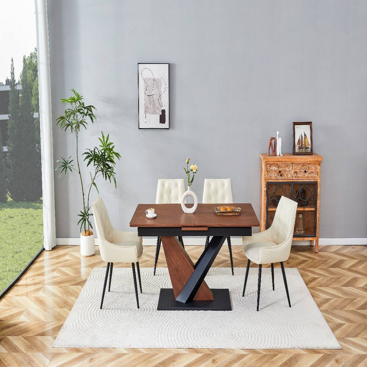 Alt View 6. Loheer - Loheer Extendable Dining Table Dark Walnut Rectangular Dining Table with Metal Cross Base - Dark Walnut.