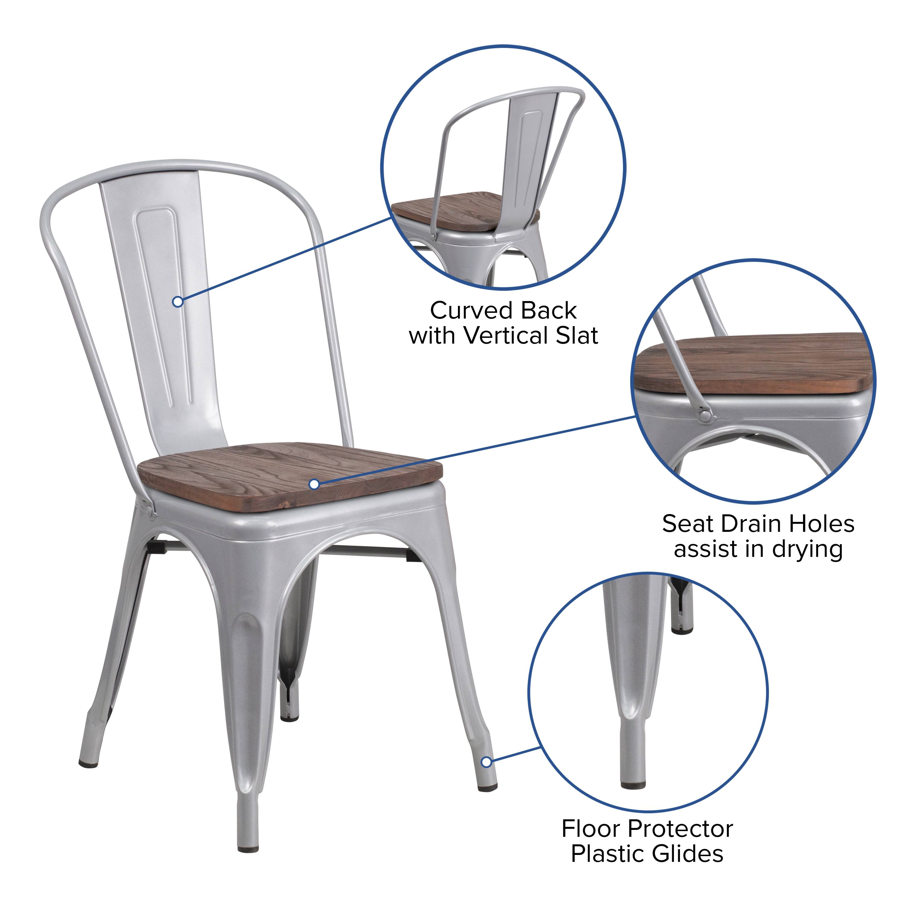Curved Back with Vertical Slat  
Seat Drain Holes assist in drying  
Floor Protector Plastic Glides