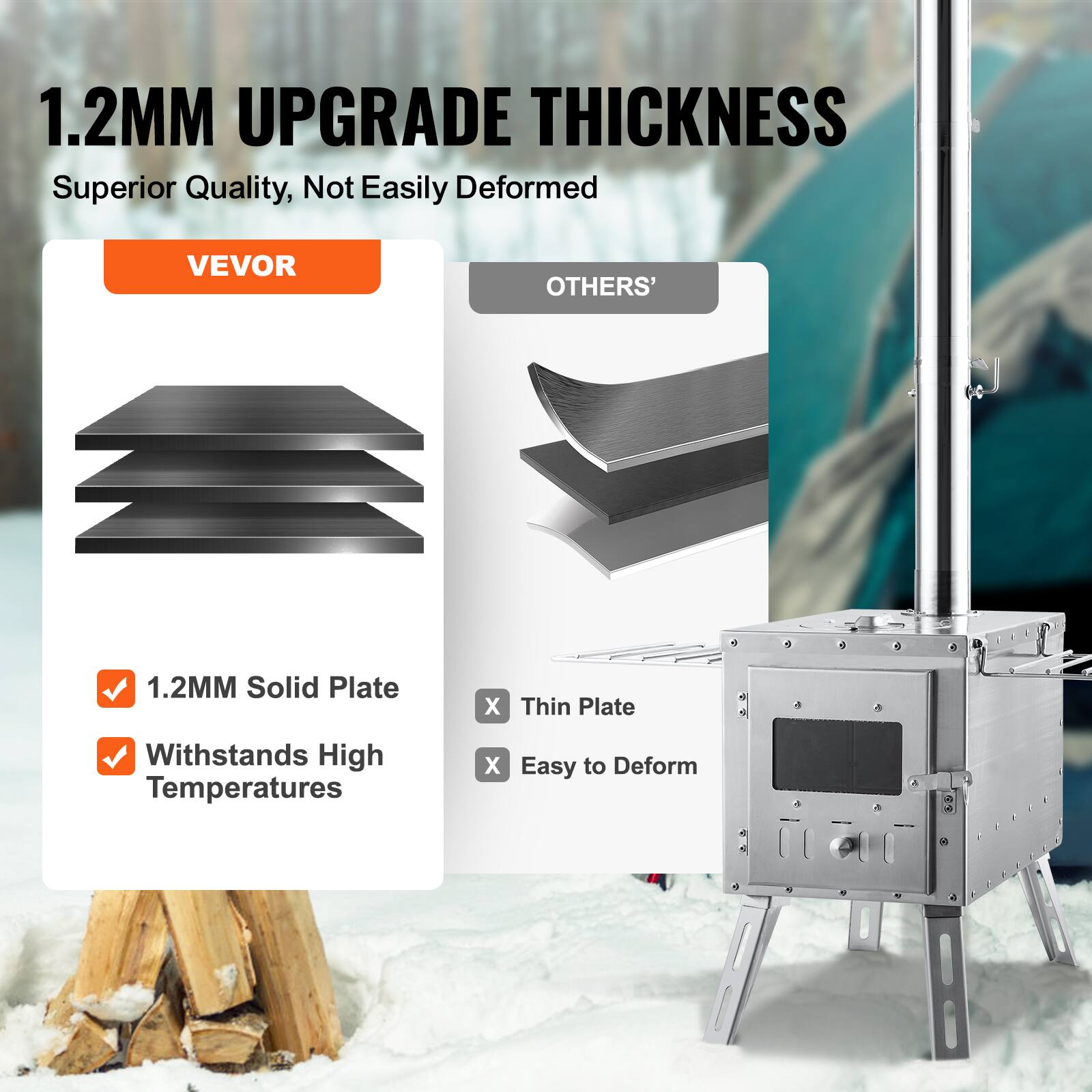 1.2MM UPGRADE THICKNESS  
Superior Quality, Not Easily Deformed  

VEVOR  
1.2MM Solid Plate  
Withstands High Temperatures  

OTHERS'  
Thin Plate  
Easy to Deform