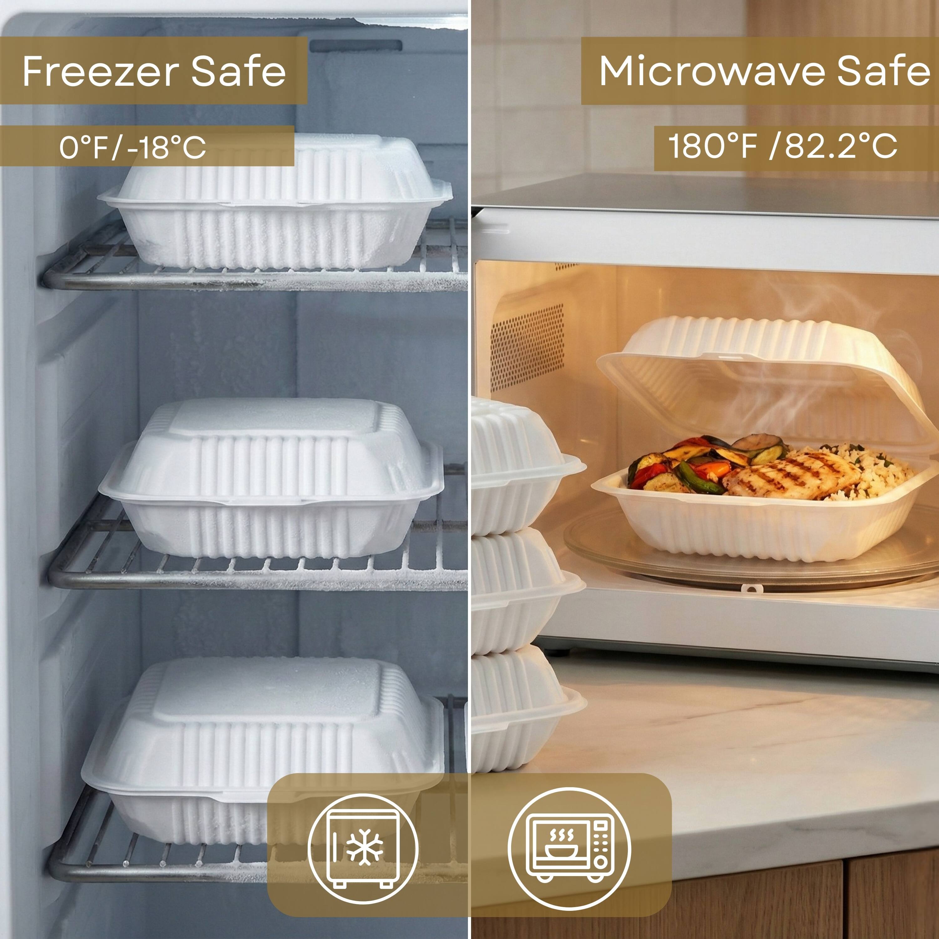 Freezer Safe  
0°F / -18°C  

Microwave Safe  
180°F / 82.2°C