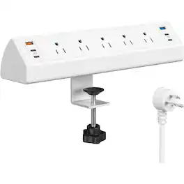 PARKER SLATER - Desk Clamp Power Strip with 75W Fast Charging, 2 USB-C, 6 USB, 5 Outlets, Fits 1.6" Desk Edge – - White