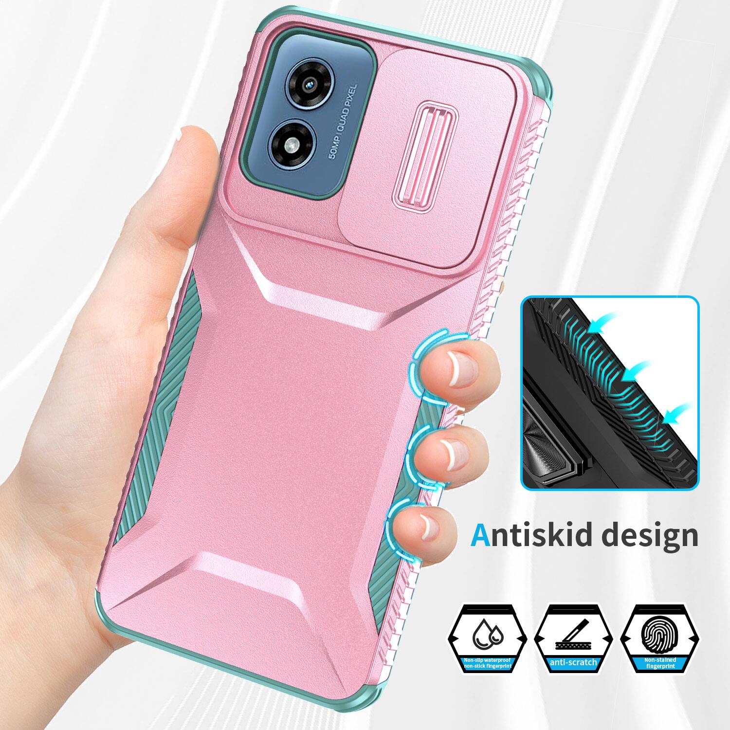 PIXEL QUAD 50MP  
Antiskid design  
Non-slip waterproof on-stick fingerprint  
anti-scratch  
Non-stained fingerprint