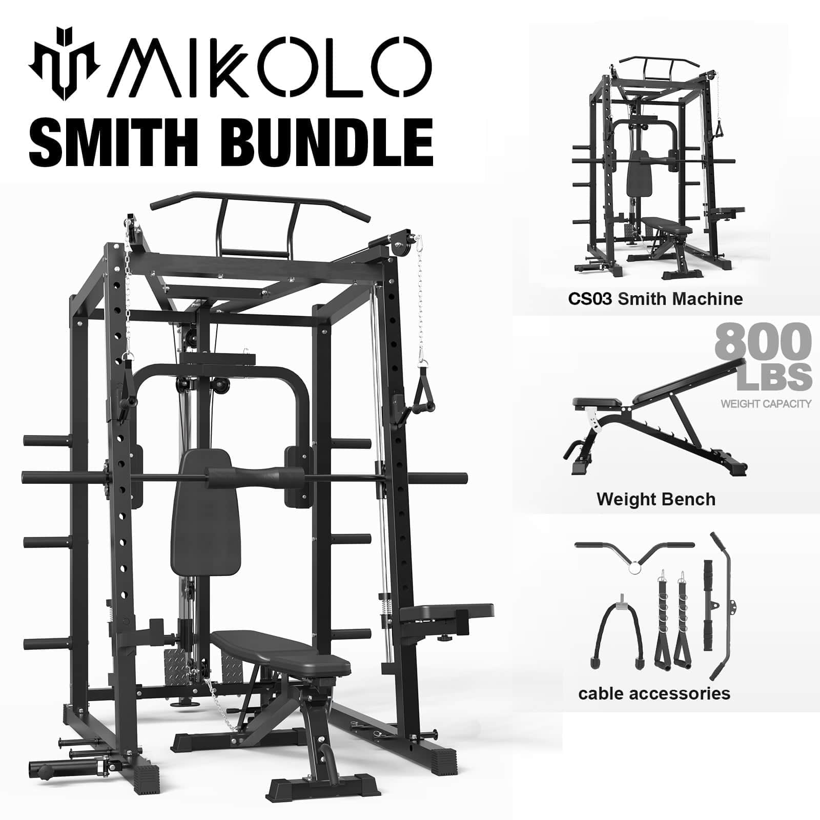 Mikolo - Smith Machine, 2000LBS Power Cage Squat Rack, Chest Fly Machine with Two LAT Pull-Down Systems - Black