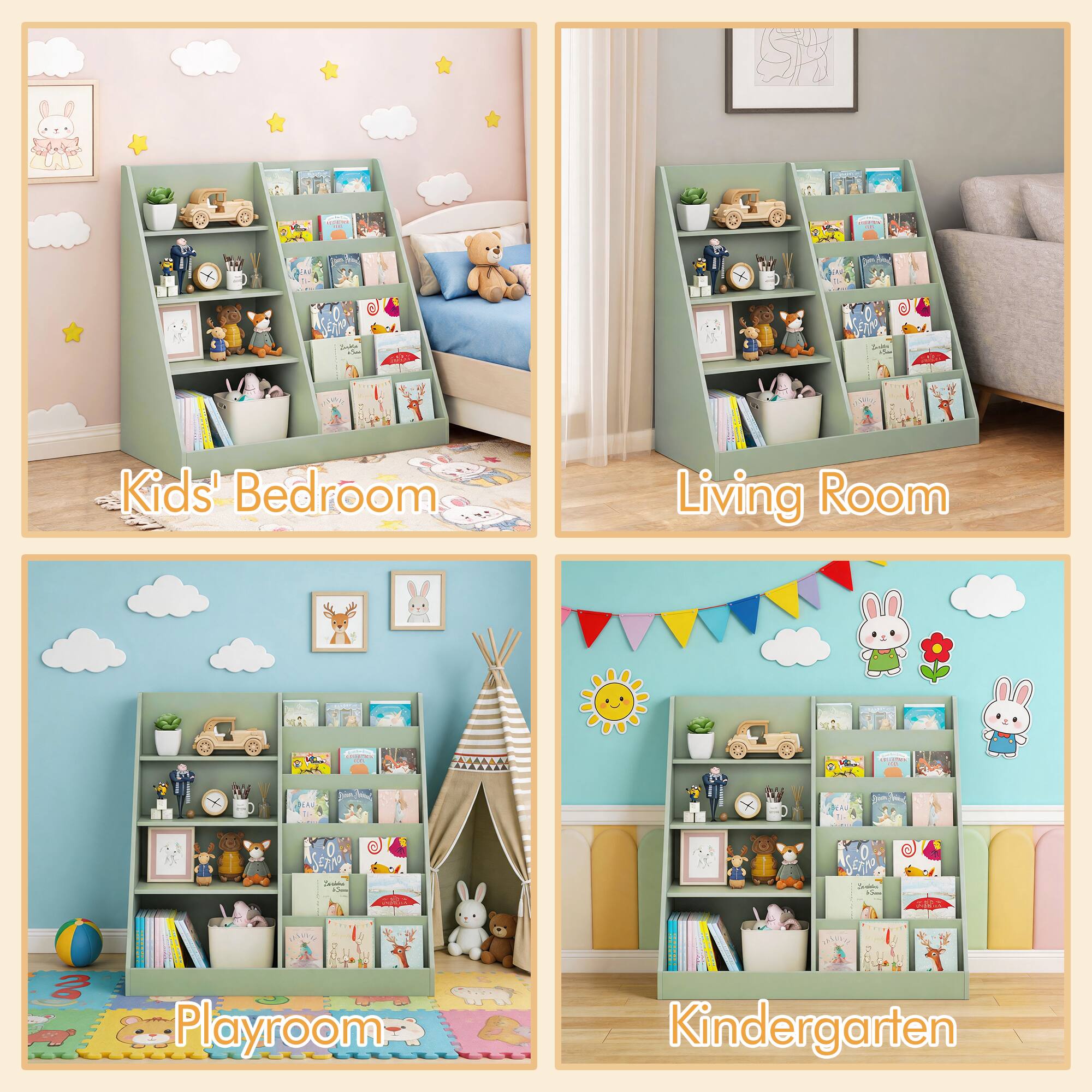 MERAVOM Kids Bookshelf and Toy Storage Organizer, 4 Tier Wooden Kids ...