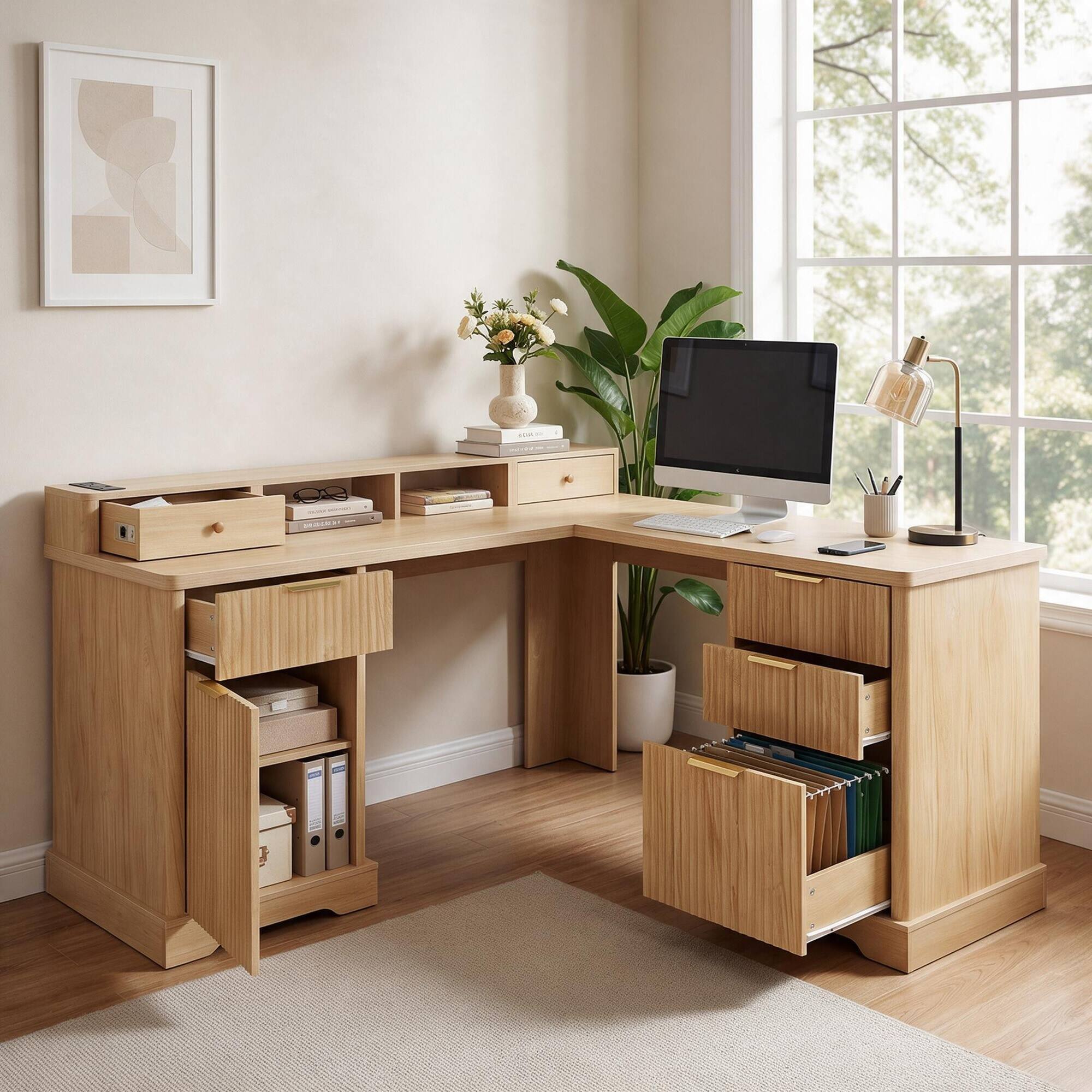 Back. RYHNUYNE - 59.45 in L-Shaped Desk with Charging Station, Fluted Oak Finish, Storage Cabinet and Monitor Stand, Home Office Corner - Light Oak.
