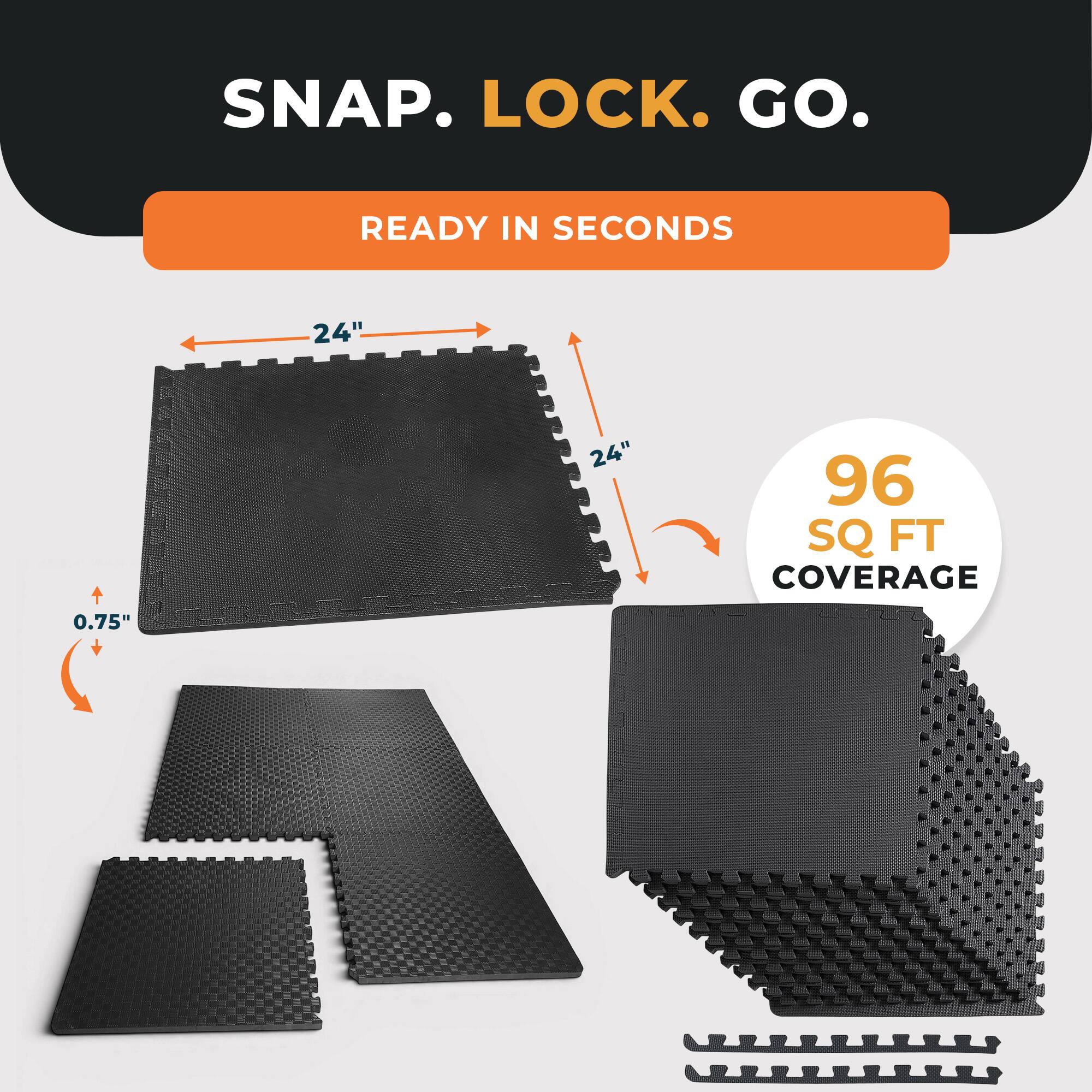 SNAP. LOCK. GO.  
READY IN SECONDS  
24"  
24"  
96 SQ FT COVERAGE  
0.75"