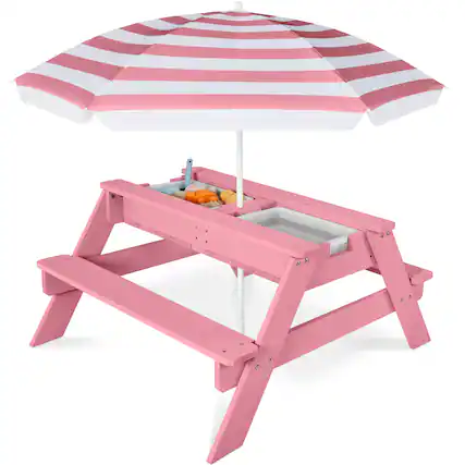 Front. Best Choice Products - Best Choice Products Kids 3-in-1 Outdoor Sand and Water Activity Picnic Table with Umbrella - Pink - Pink.