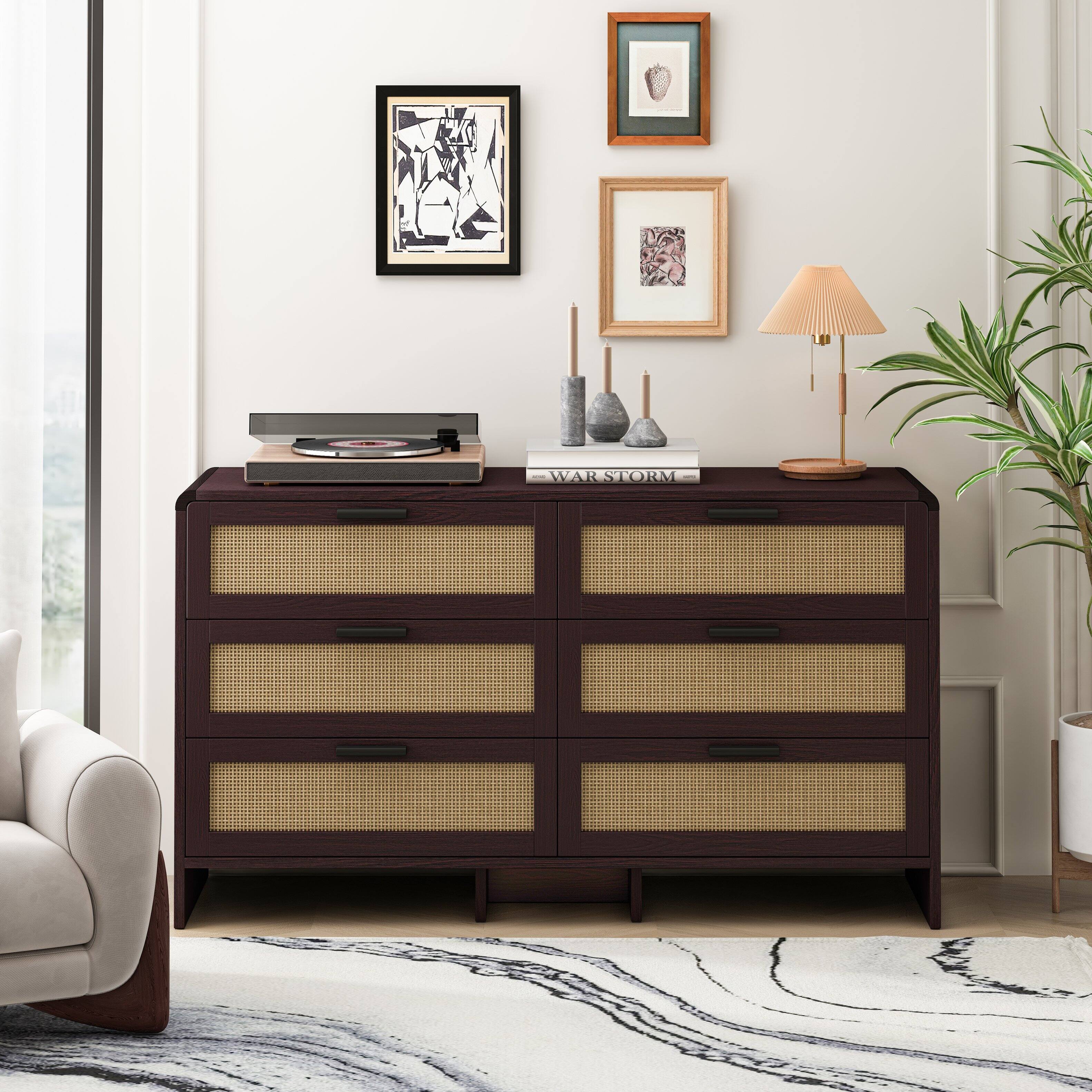 TinyHomie - 51INCH Arc Shaped Corner Rattan Cabinet 6Drawers Rattan Storage Cabinet Reddishbrown - Brown