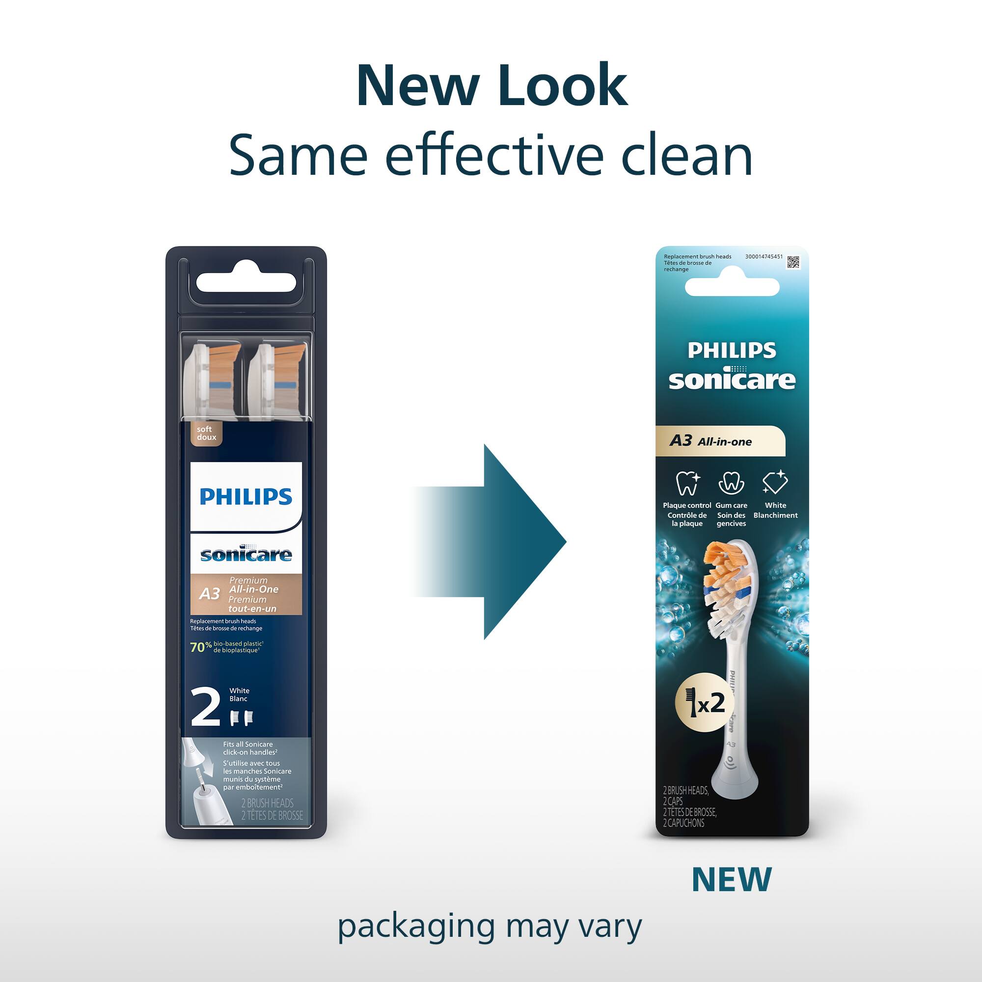 New Look  
Same effective clean  

PHILIPS sonicare  
A3 All-in-one  
Premium All-in-One  

1x2 BRUSHHEADS  
2 TETES DE BROUSSSE  

packaging may vary  

NEW