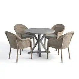 Martha Stewart - Bedford 5 Piece Patio Set, 4 Stacking Rattan Wicker Chairs with Cushions, 36" Round Aluminum Trestle Base Table - Gray