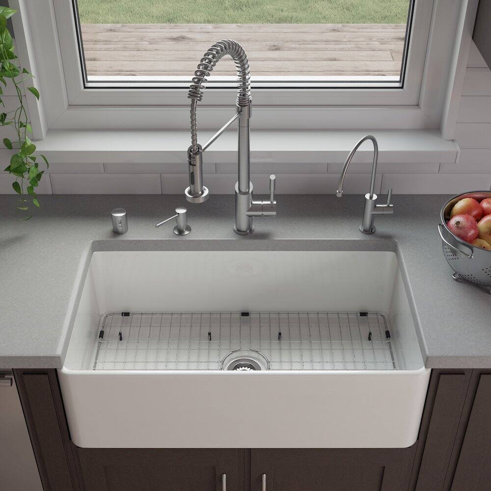 Left. Alfi - 33" White Thin Wall Single Bowl Smooth Apron Fireclay Kitchen Farm Sink - White.