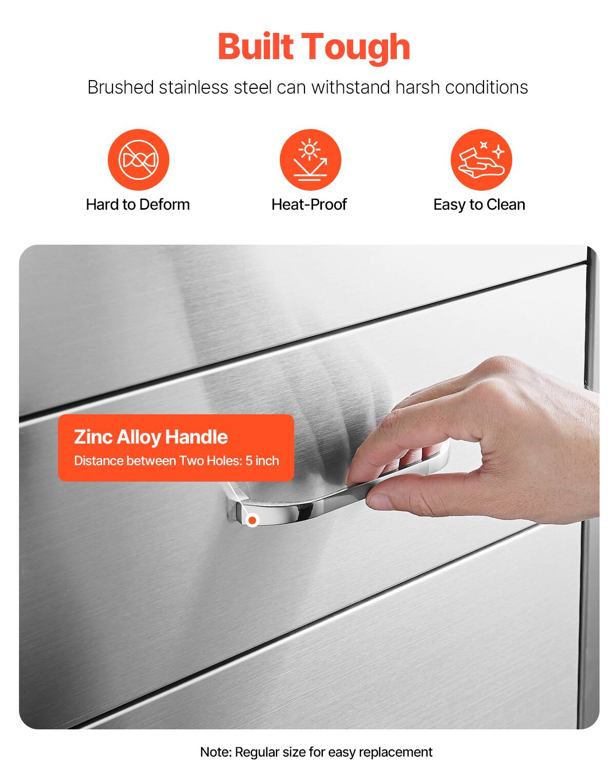 Built Tough

Brushed stainless steel can withstand harsh conditions

- Hard to Deform
- Heat-Proof
- Easy to Clean

Zinc Alloy Handle

Distance between Two Holes: 5 inch

Note: Regular size for easy replacement