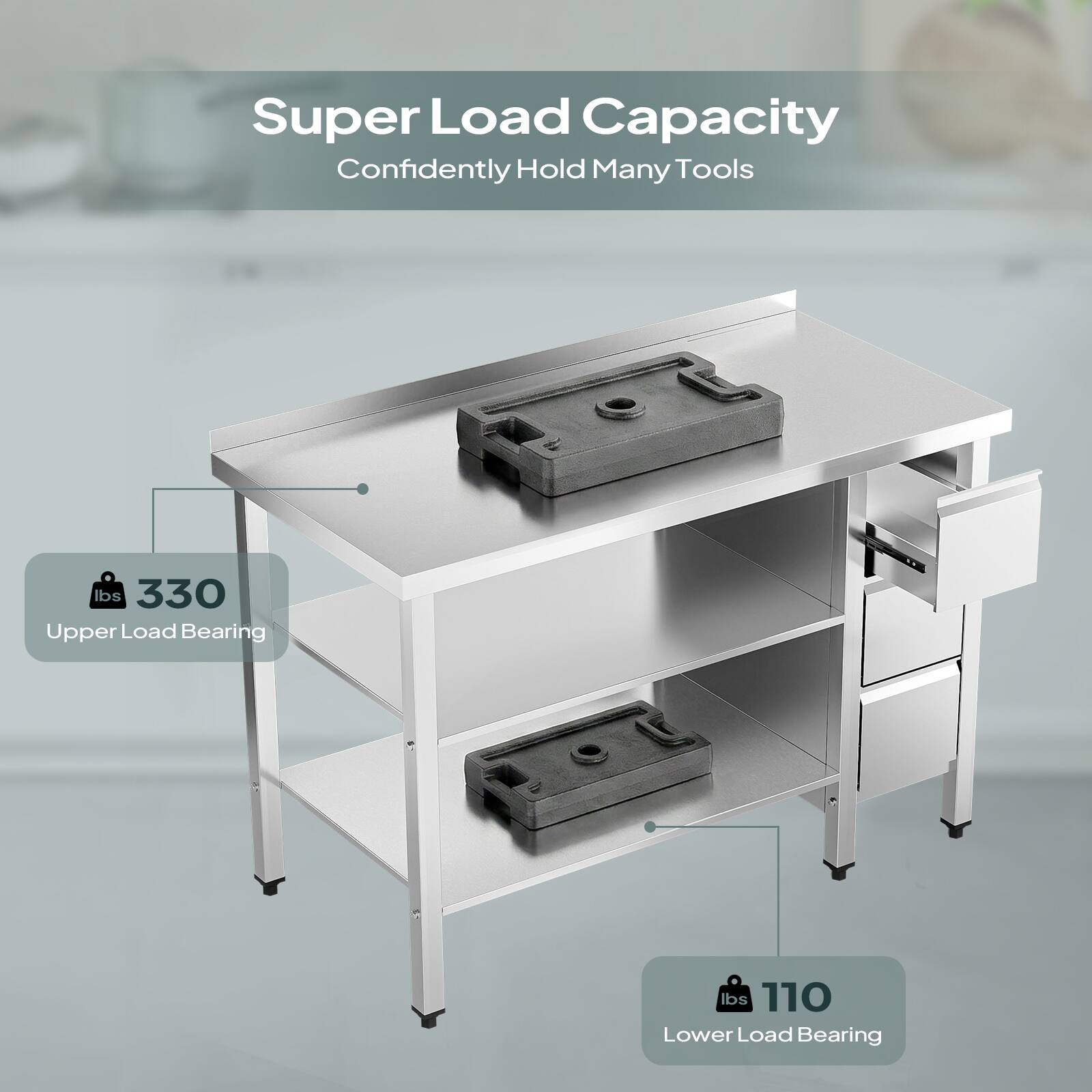 Super Load Capacity  
Confidently Hold Many Tools  

Upper Load Bearing: 330 lbs  
Lower Load Bearing: 110 lbs