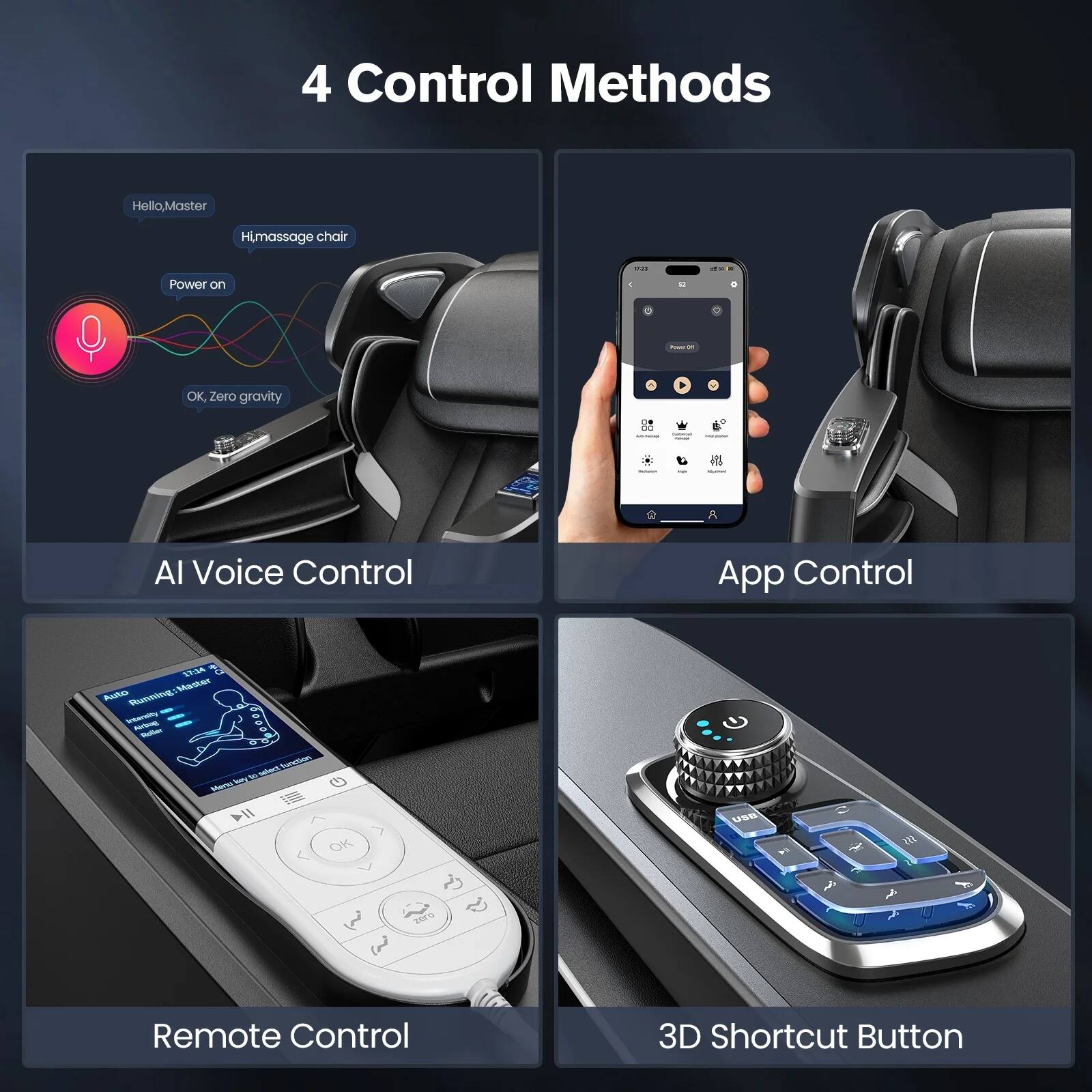 4 Control Methods

- AI Voice Control
- App Control
- Remote Control
- 3D Shortcut Button