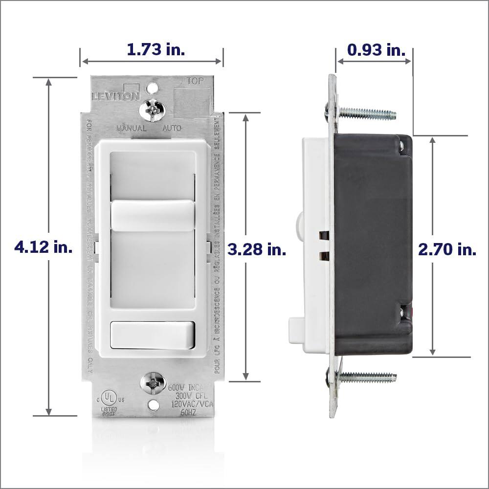 1.73 in.  
0.93 in.  
4.12 in.  
3.28 in.  
2.70 in.  

LEVITON  
FOR MANUAL | INSTALL  
ROATDESCEMT  
29 DASADLL  
CFL GINTURES  
OALY  
E U US LISTED  
B TOP AUTO  
SEULEMENT  
PERMAVENCE  
EN INSTALLEES  
300V CFL  
120VAC/VCA  
60HZ  

600W INCAN  
300V CFL  
120VAC/VCA  
60HZ