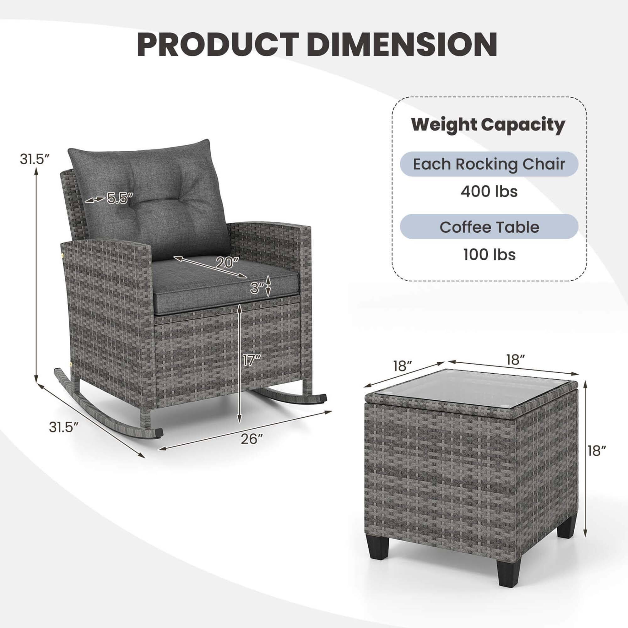 PRODUCT DIMENSION Weight Capacity 31.5" 5.5" Each Rocking Chair 400 lbs Coffee Table 20" 3$ 100 lbs 17" 18" 18" 31.5" 26" 18"