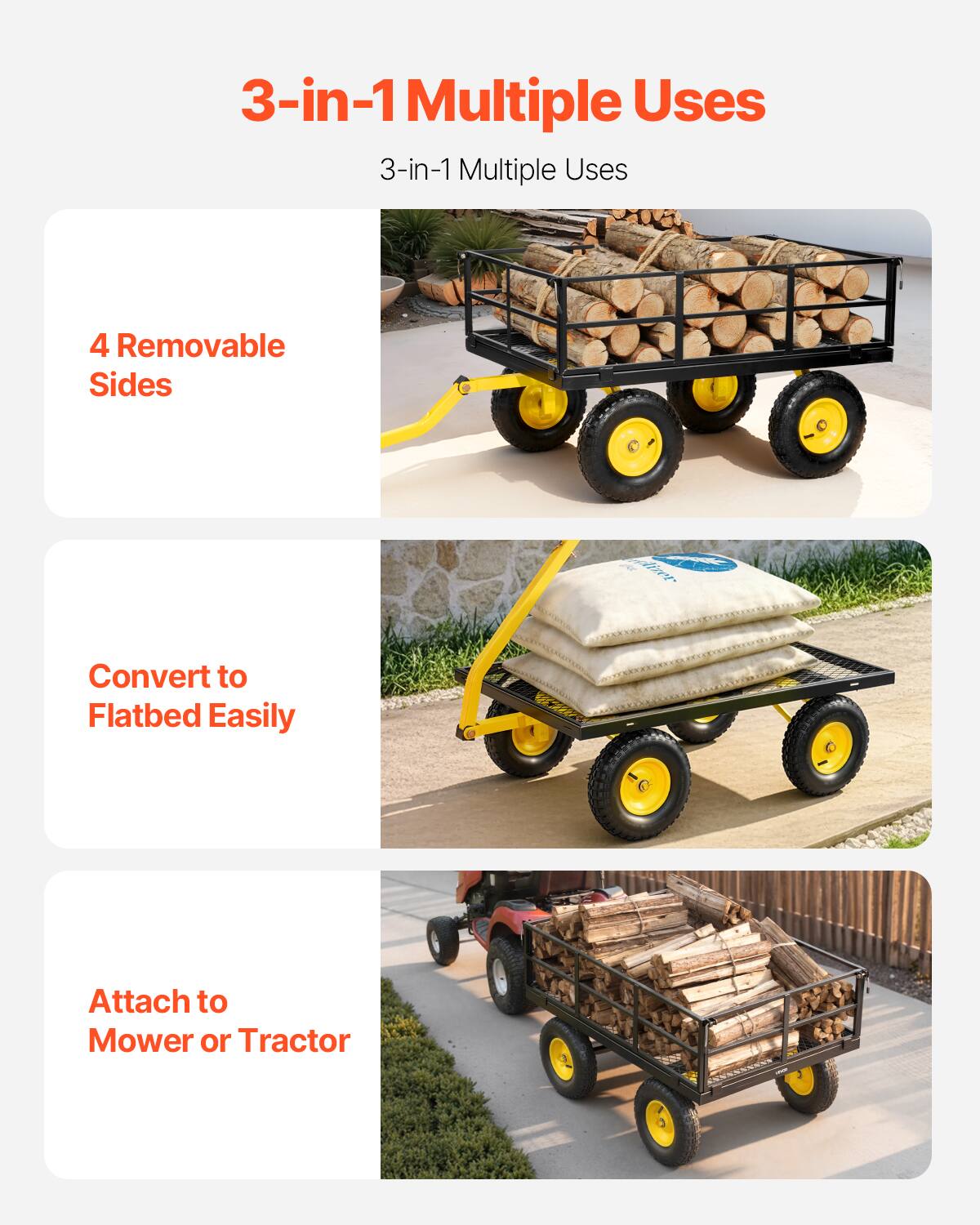3-in-1 Multiple Uses

3-in-1 Multiple Uses

4 Removable Sides

Convert to Flatbed Easily

Attach to Mower or Tractor