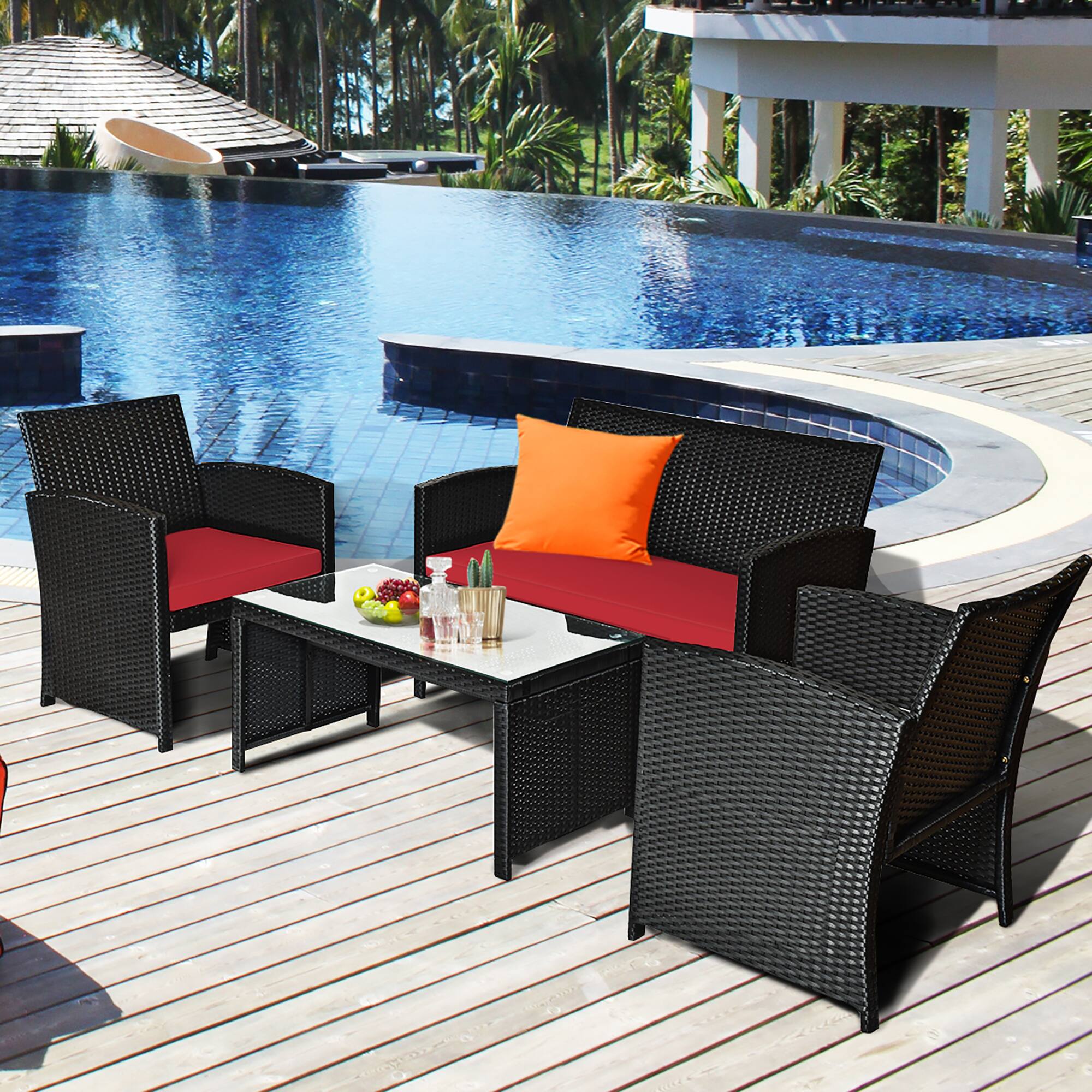 Alt View 2. Costway - Costway 8PCS Patio Rattan Furniture Conversation Set Cushion Sofa Table Garden - Red.