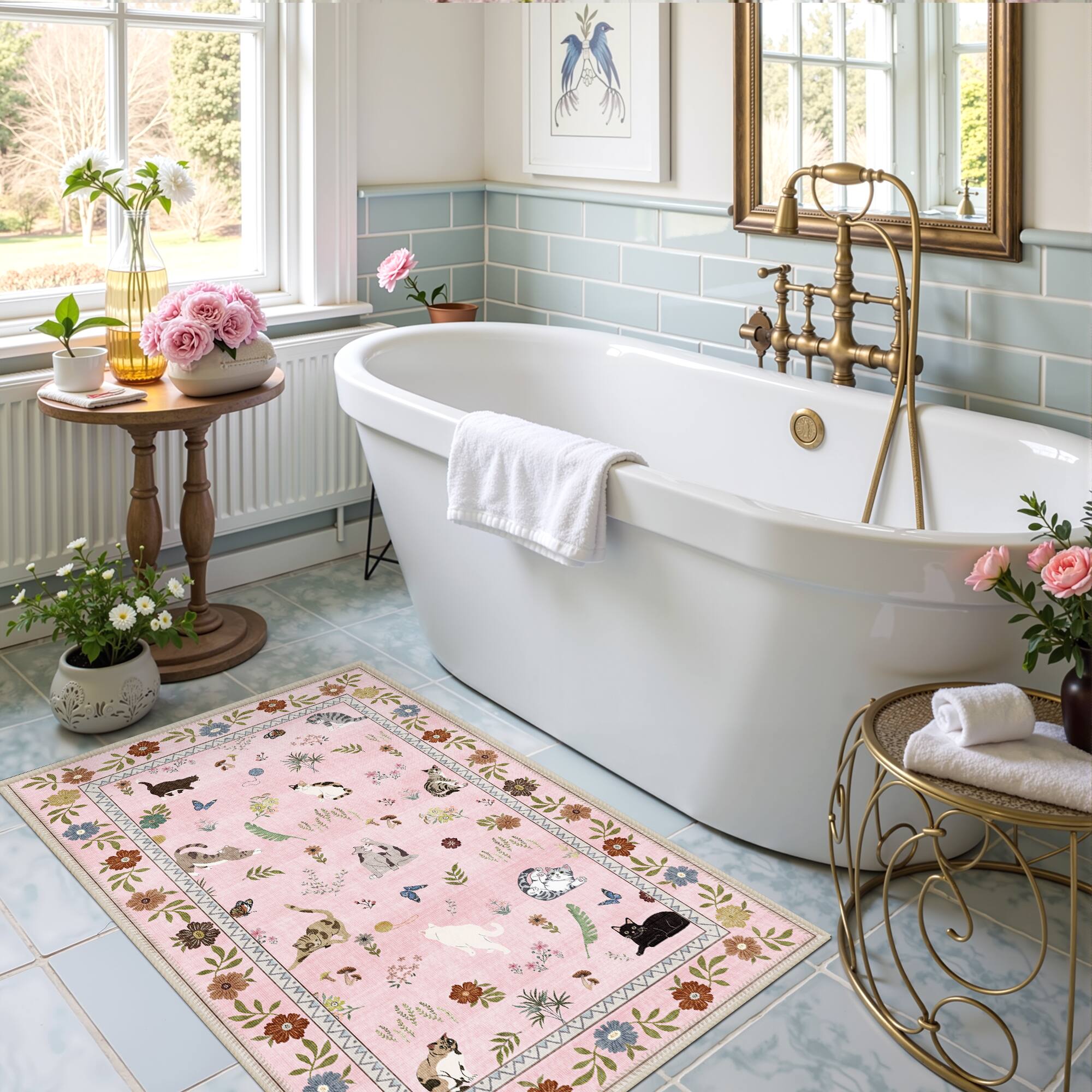 Alt View 3. KERDOM - Cute Cat Print 2x3 ft Small Area Rug – Adorable Kitten Floor Mat for Entryway & Bathroom, Non-Slip Washable Accent Rug - Pink.